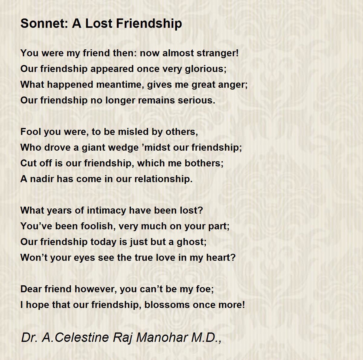 Sonnet: A Lost Friendship Poem by Dr. A.Celestine Raj Manohar M.D