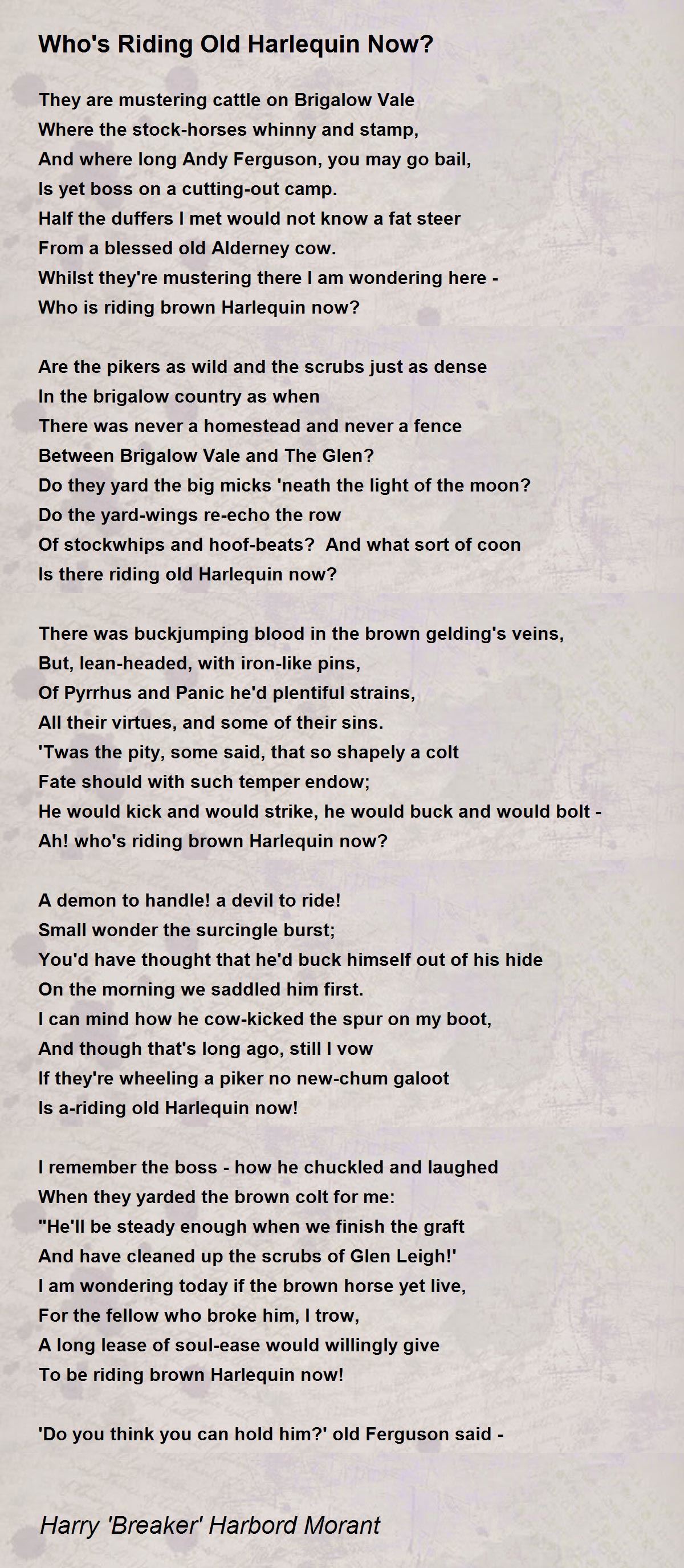Who's Riding Old Harlequin Now? Poem by Harry 'Breaker' Harbord Morant