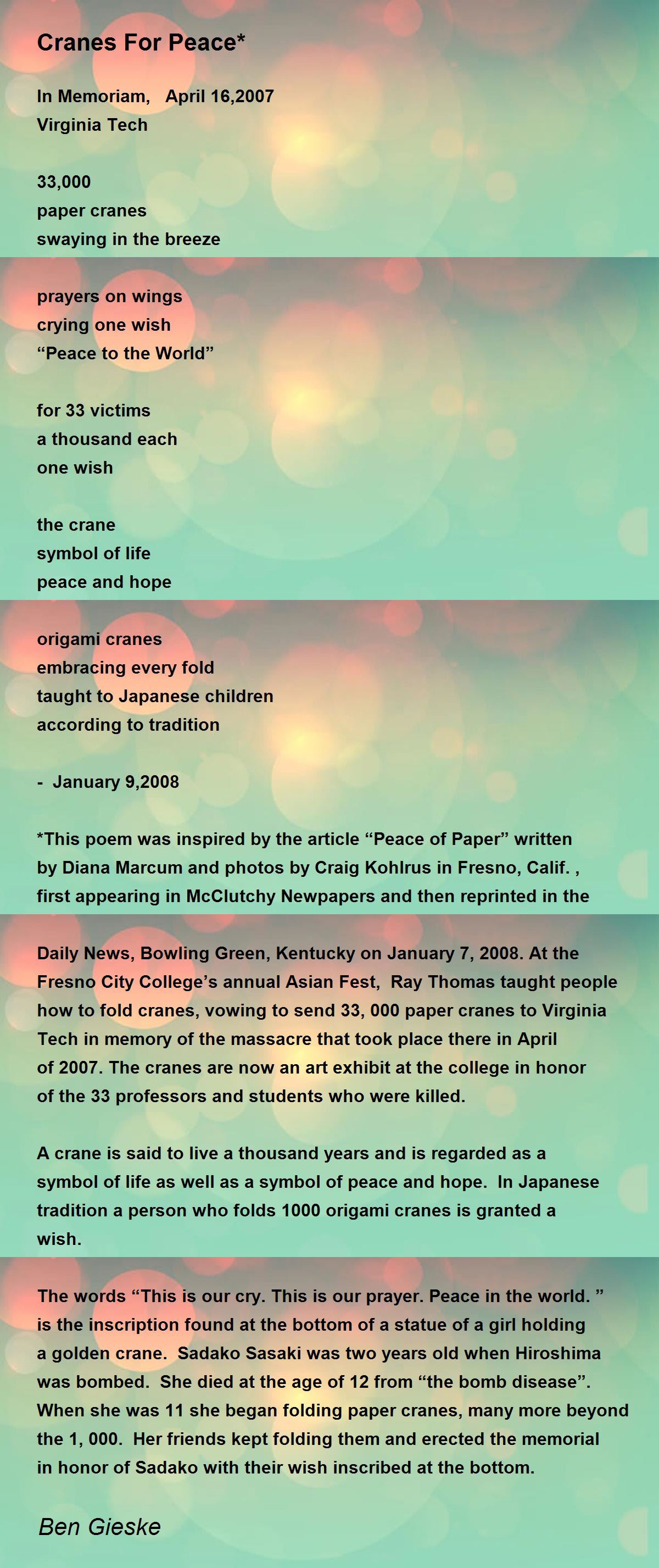 Cranes For Peace* Poem by Ben Gieske Poem Hunter