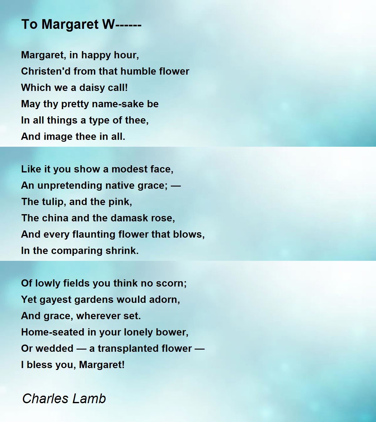To Margaret W------ Poem by Charles Lamb - Poem Hunter
