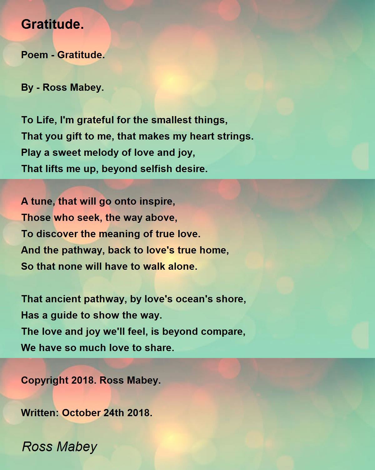 Gratitude. Poem by Ross Mabey Poem Hunter