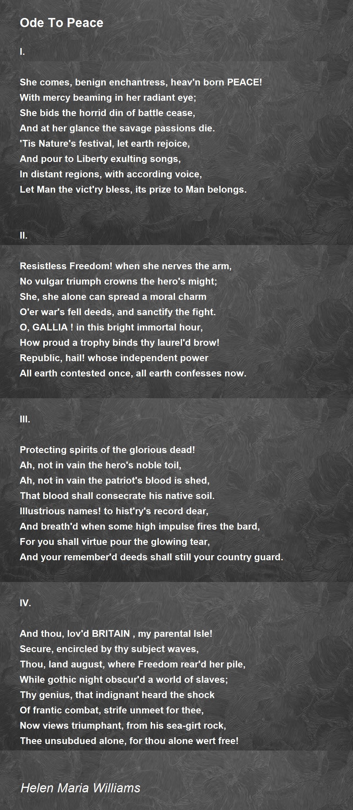 Ode To Peace Poem by Helen Maria Williams - Poem Hunter