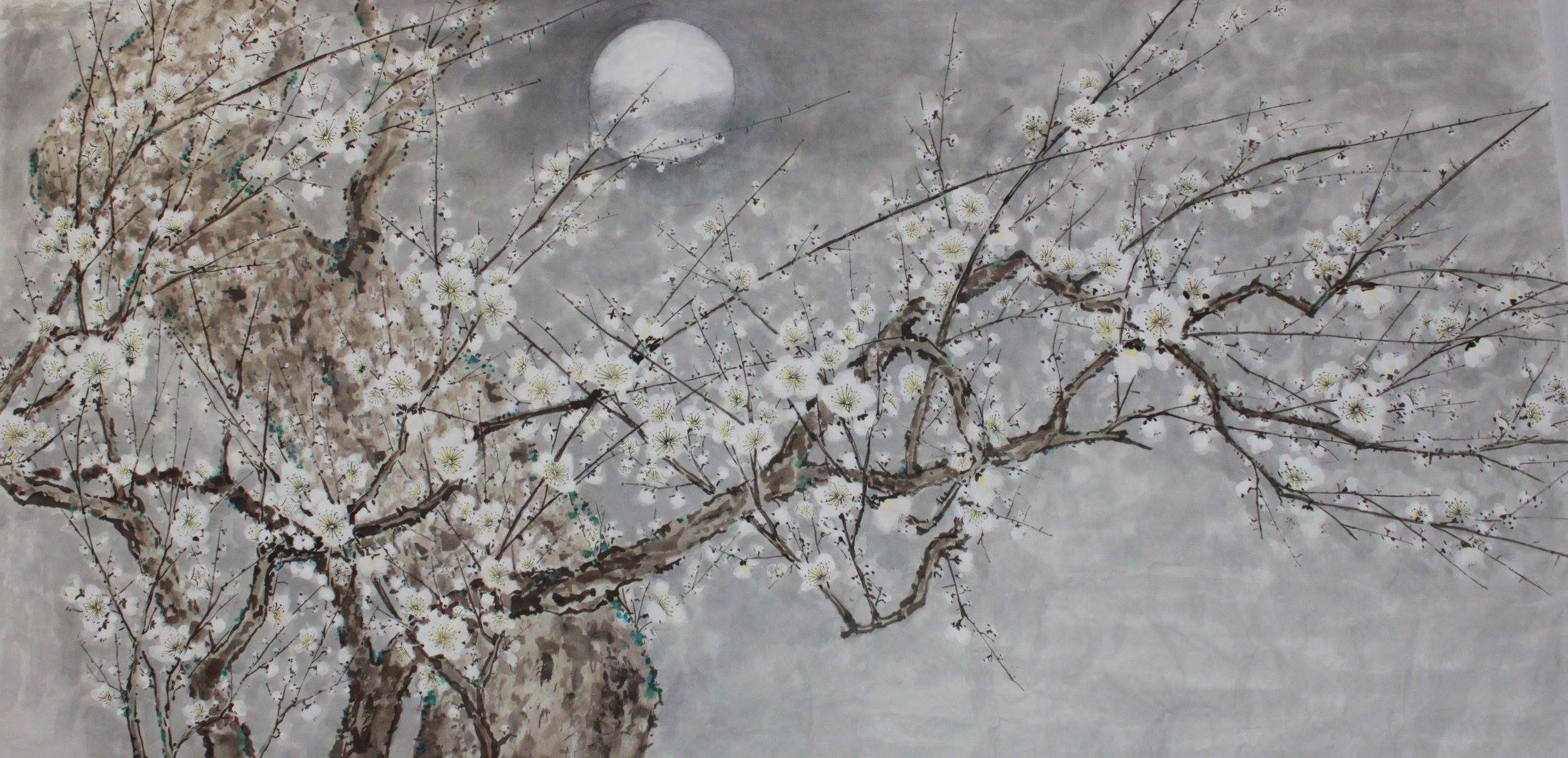 Write A Poem On Painting Titled, Under The Moon, The Apricot Flowers Bloom