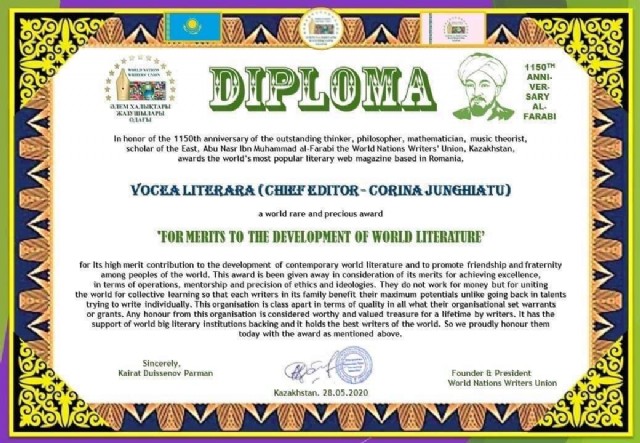 A Rare And Exclusive Award For Vocea Literară From World Nations Writers Union.