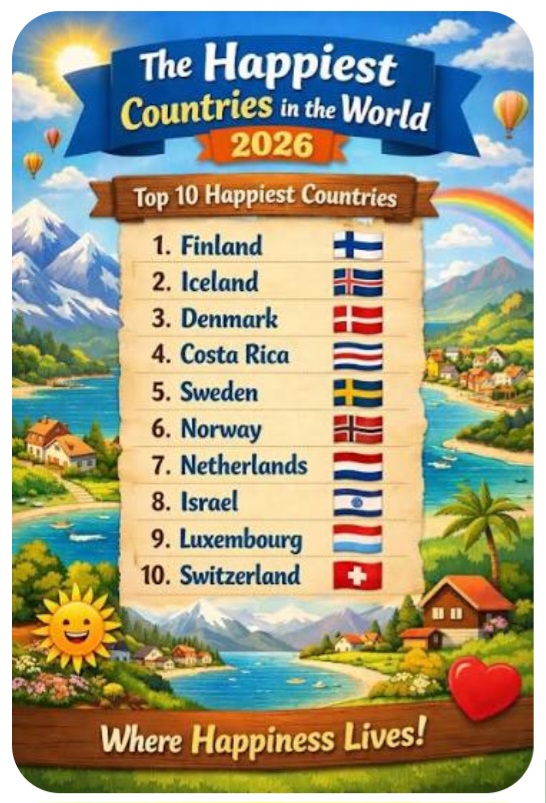 The World's Happiest 
six Countries,2026.