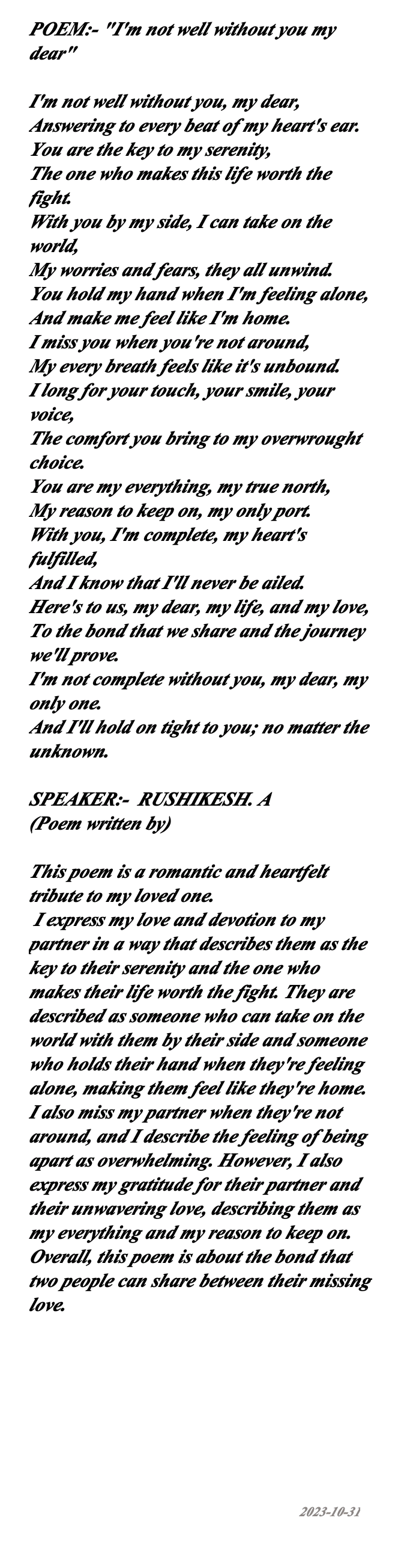 Poem: - 'i'm Not Well Without You My Dear'