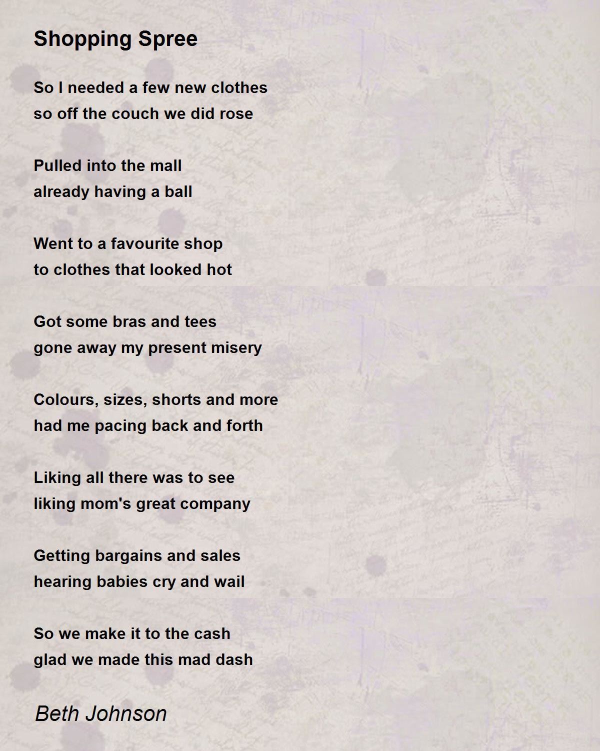 Shopping Spree Shopping Spree Poem by Beth Johnson