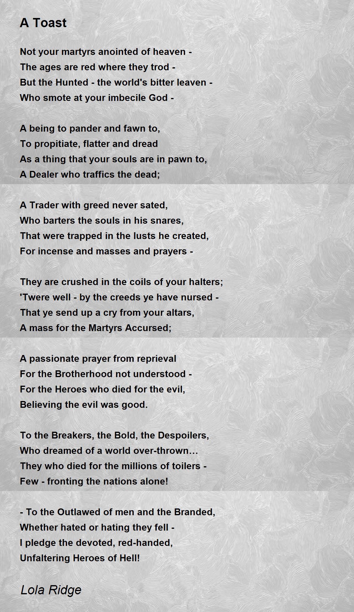 A Toast Poem by Lola Ridge Poem Hunter