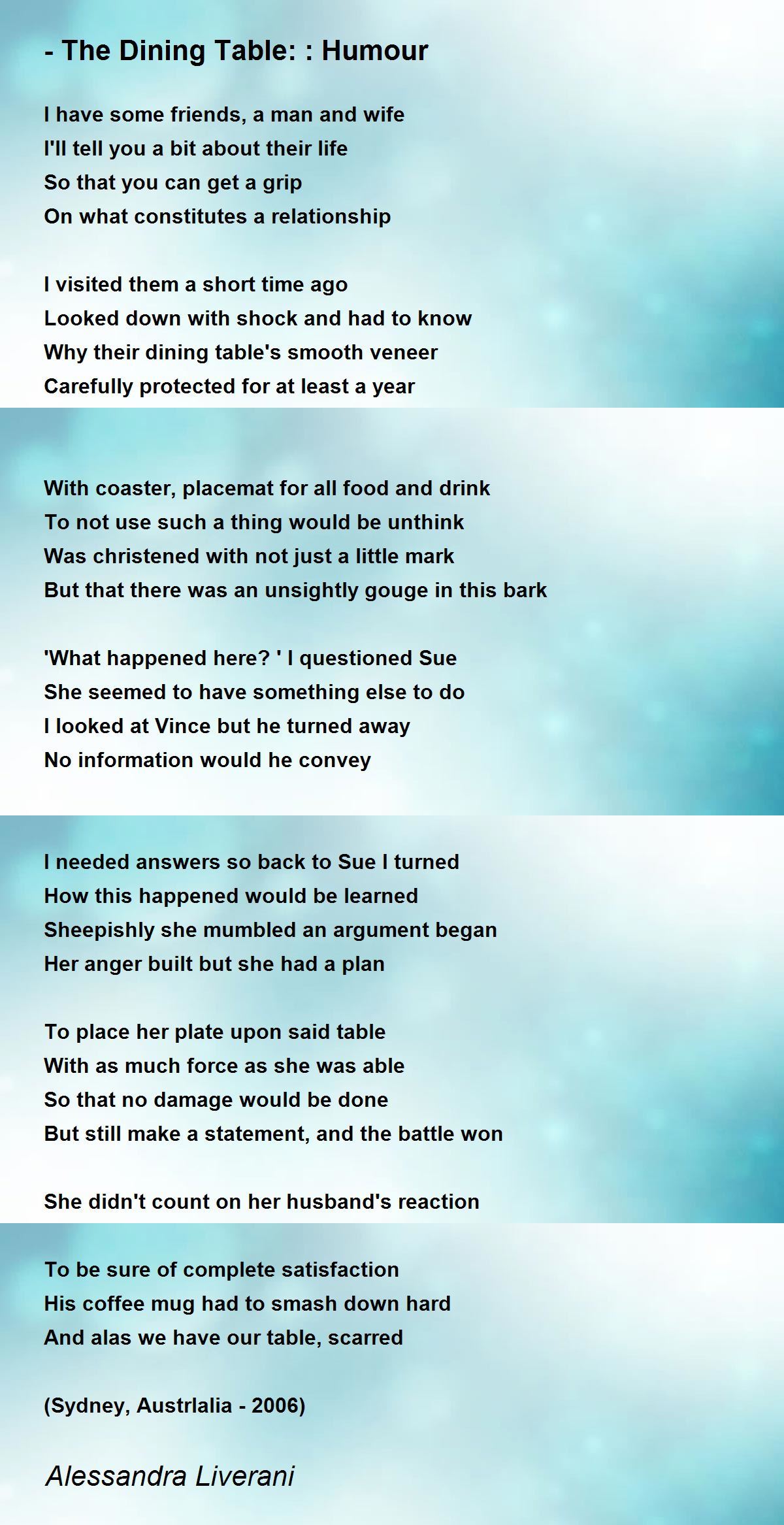  The Dining Table Humour Poem by Alessandra Liverani Poem Hunter