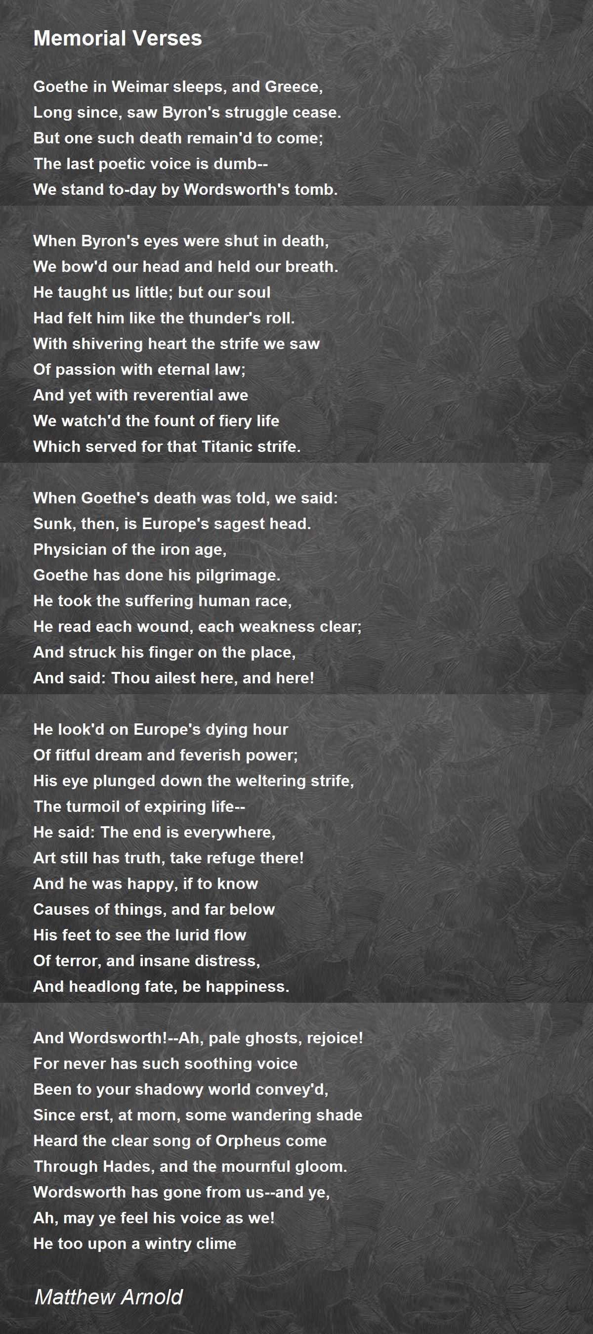 Memorial Verses Poem by Matthew Arnold Poem Hunter