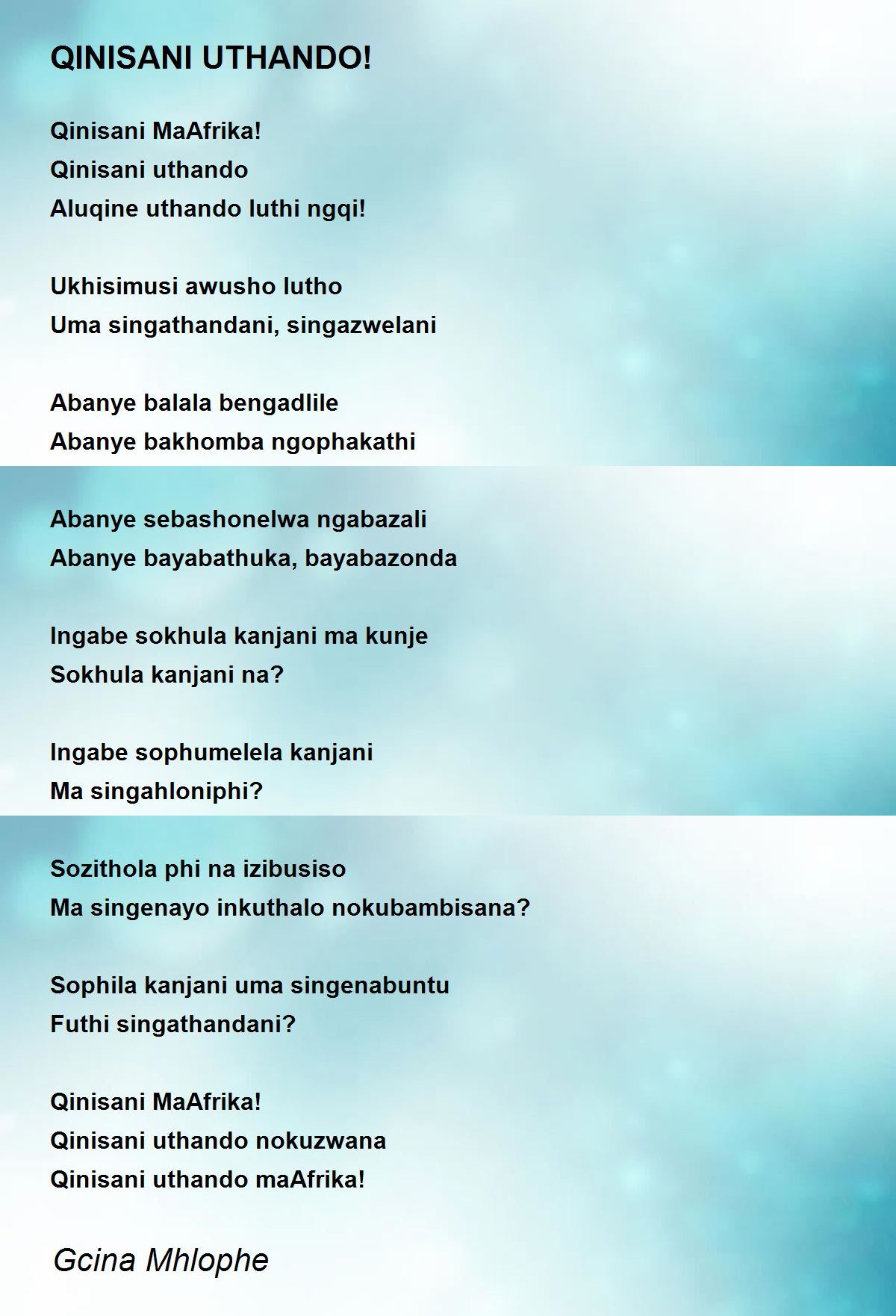 Qinisani Uthando Poem By Gcina Mhlophe Poem Hunter