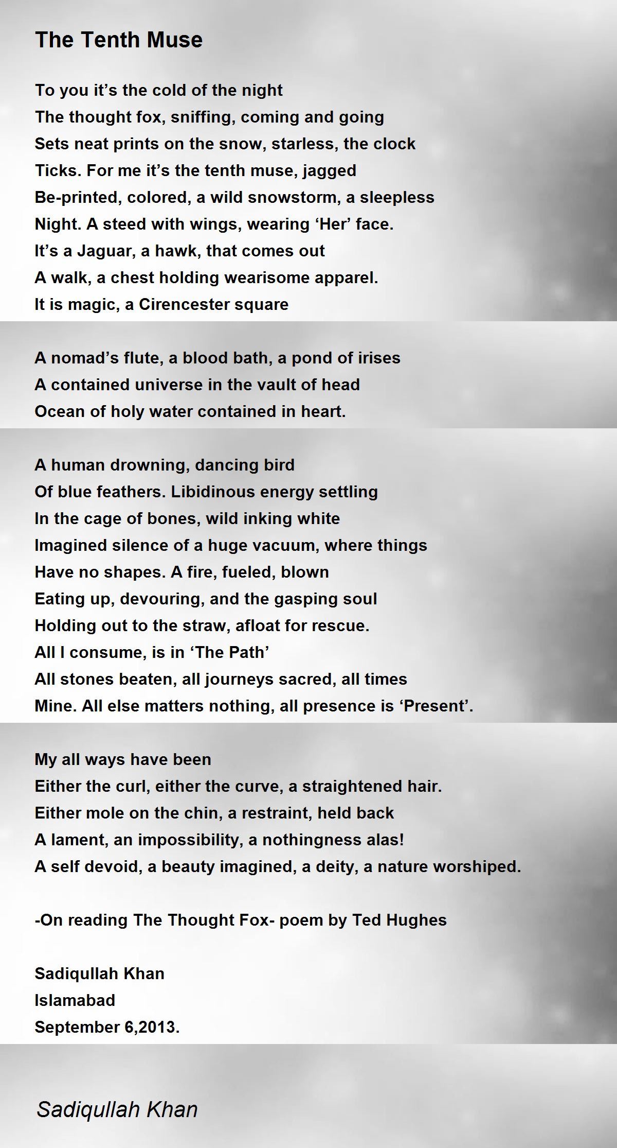 The Tenth Muse The Tenth Muse Poem by Sadiqullah Khan