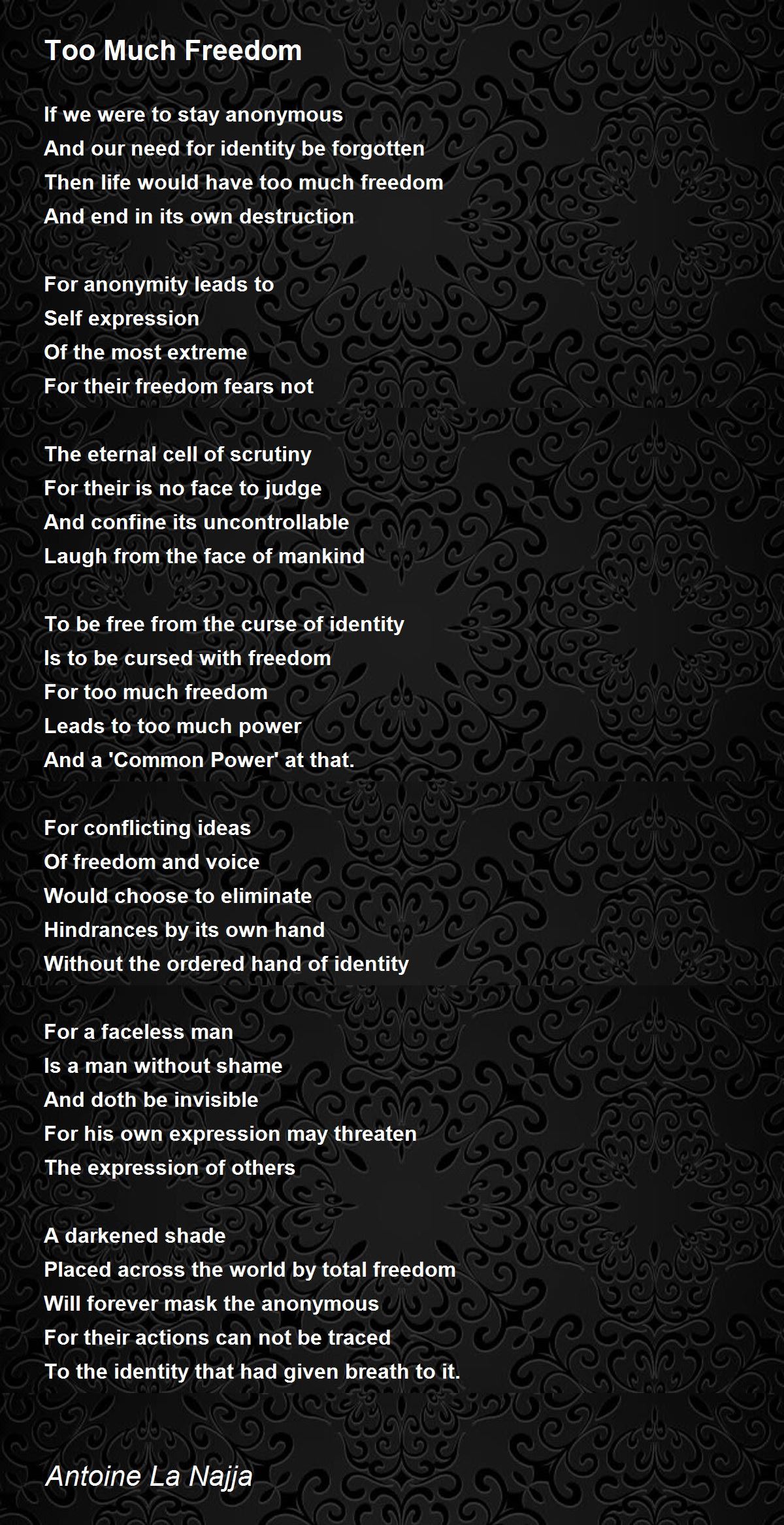 Too Much Freedom - Too Much Freedom Poem by Antoine La Najja