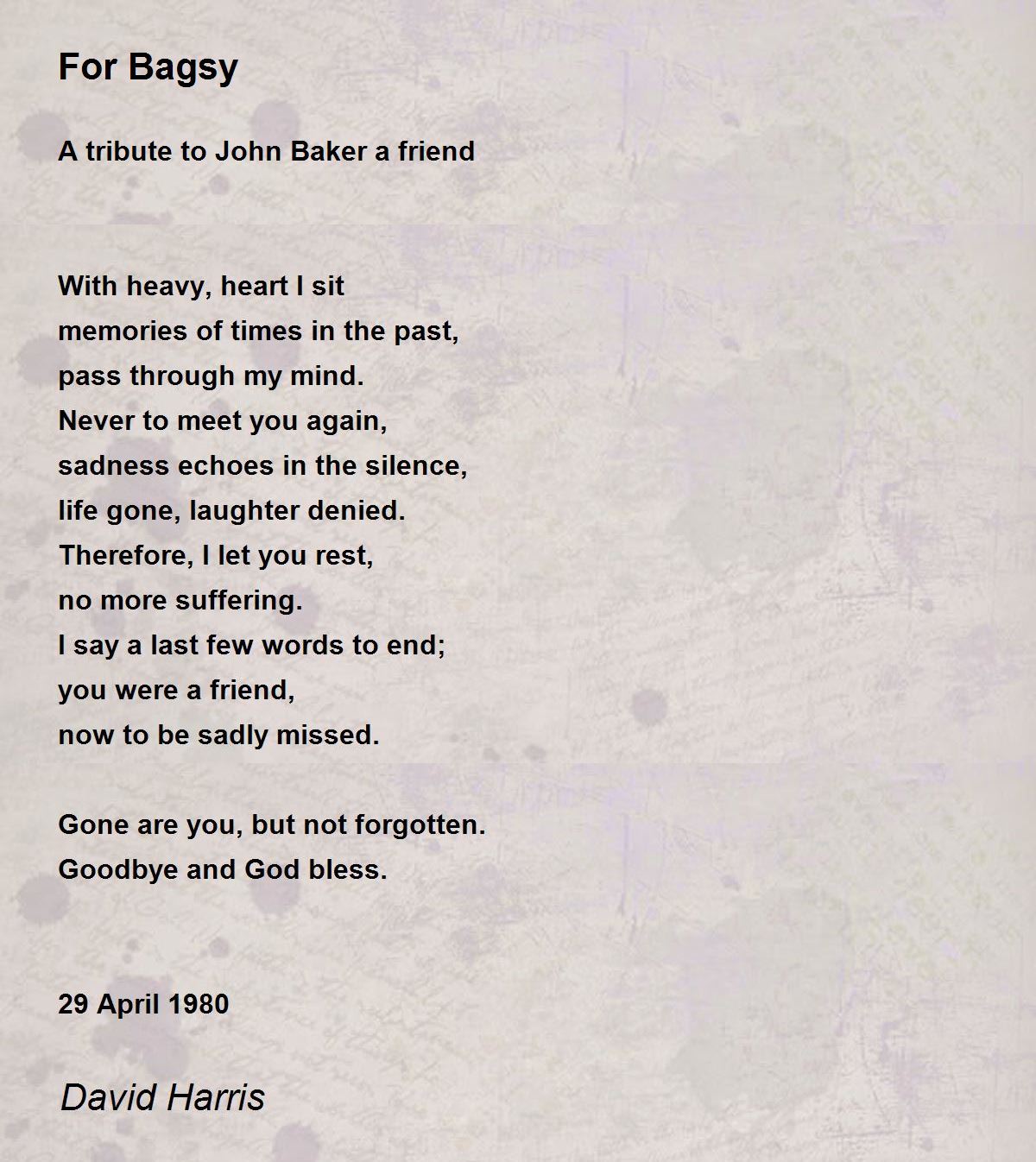 For Bagsy Poem by David Harris Poem Hunter