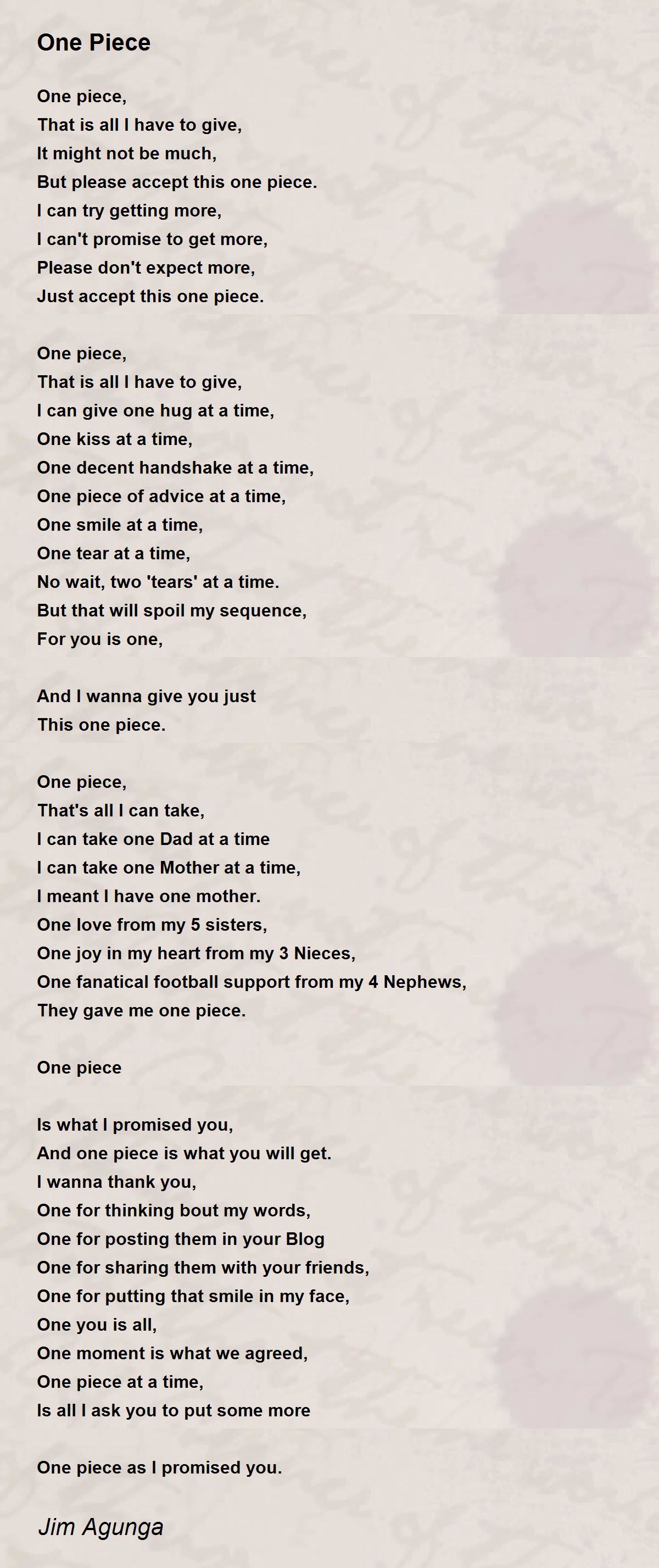 One Piece One Piece Poem By Jim Agunga