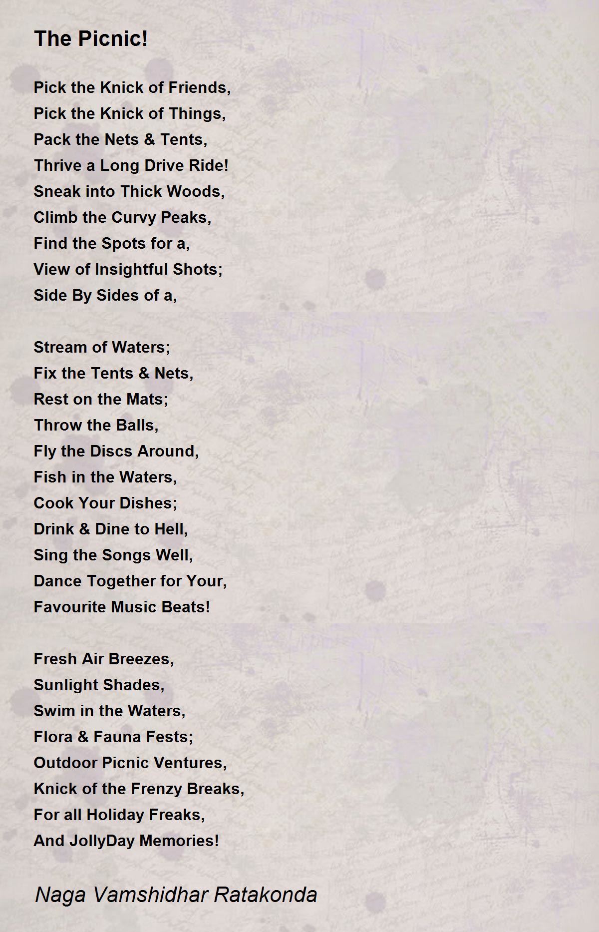 The Picnic! Poem by Naga Vamshidhar Ratakonda Poem Hunter