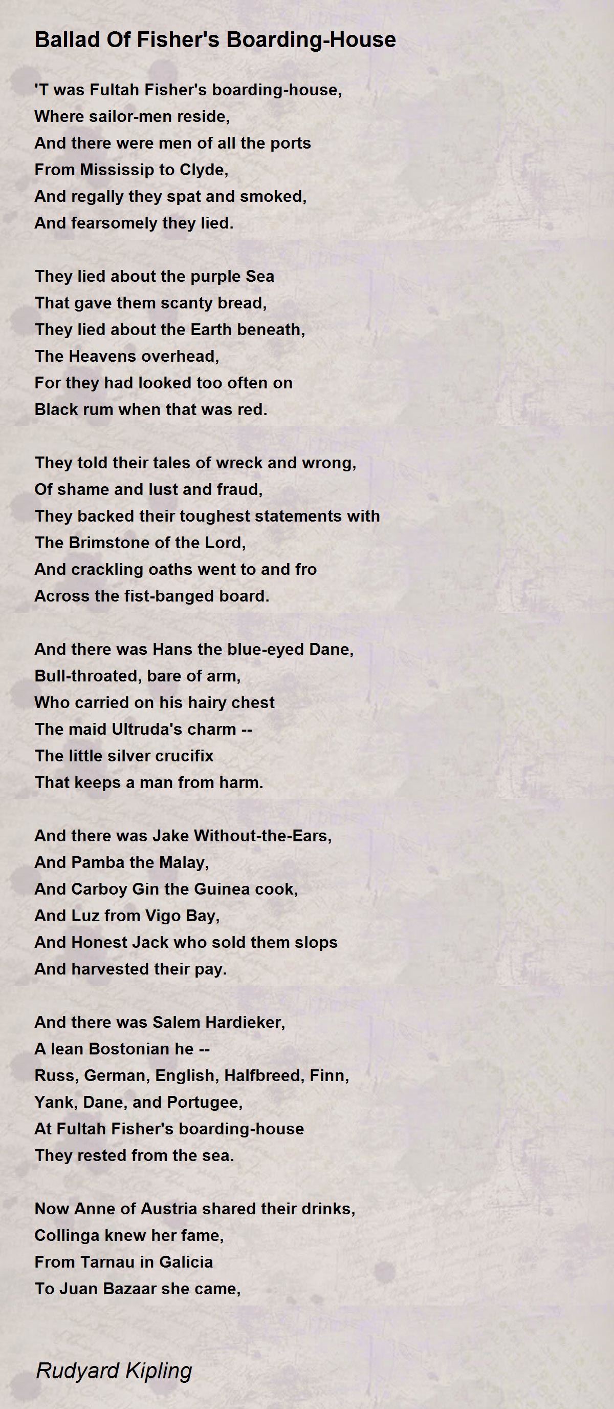 Ballad Of Fisher's BoardingHouse Poem by Rudyard Kipling Poem Hunter