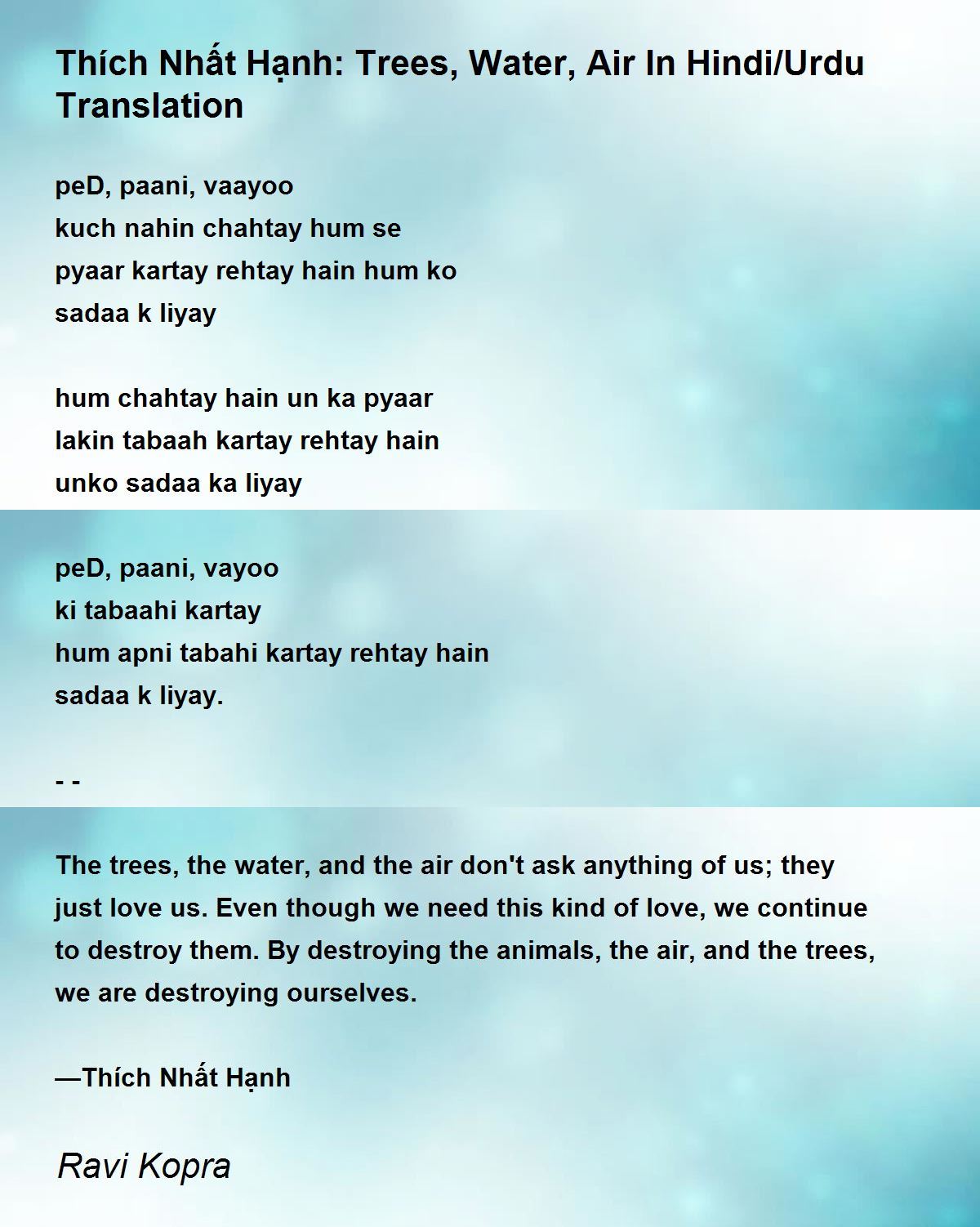 Thích Nhất Hạnh Trees, Water, Air In Hindi/Urdu Translation by Ravi Kopra Thích Nhất Hạnh