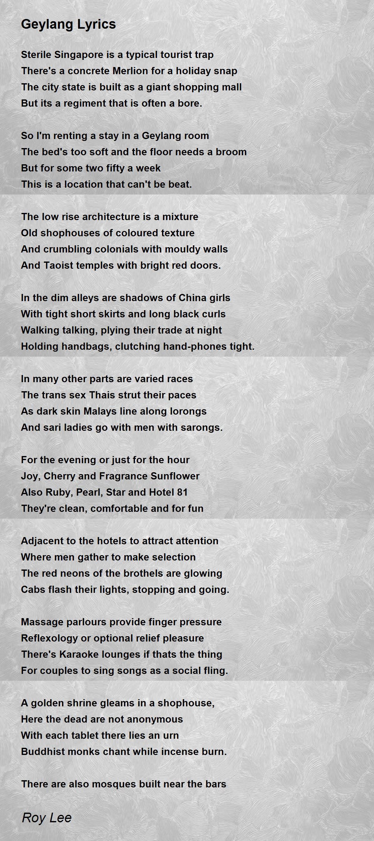 Geylang Lyrics By Roy Lee Geylang Lyrics Poem