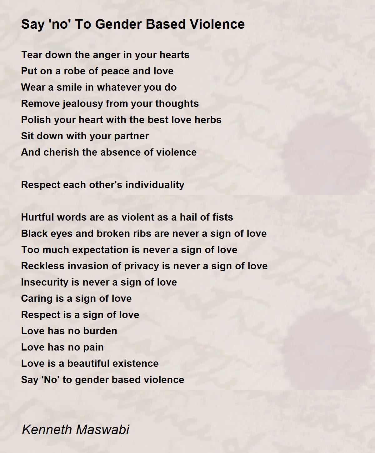Say 'no' To Gender Based Violence Poem by Kenneth Maswabi - Poem Hunter
