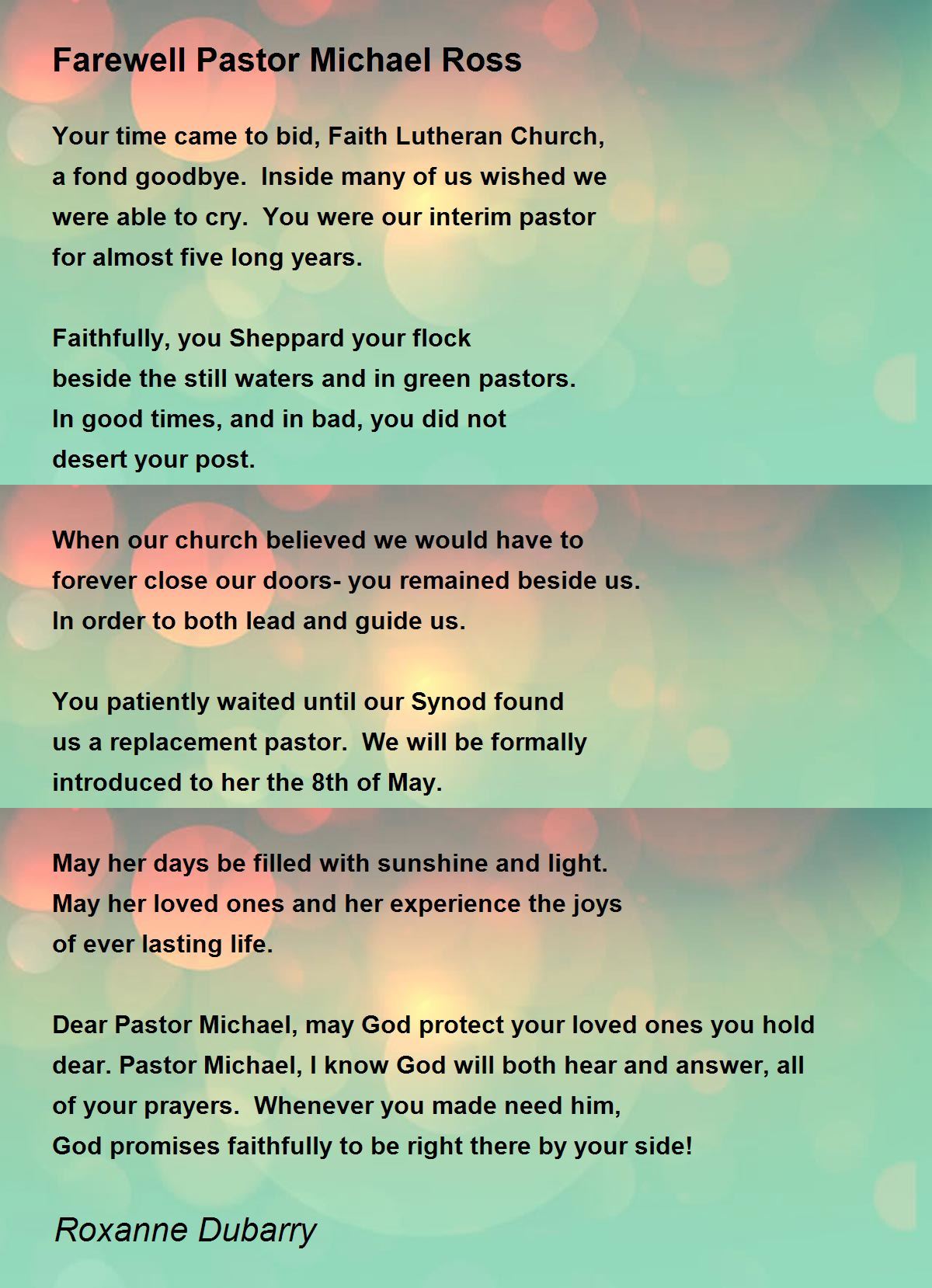Farewell Pastor Michael Ross Farewell Pastor Michael Ross Poem by Roxanne Dubarry