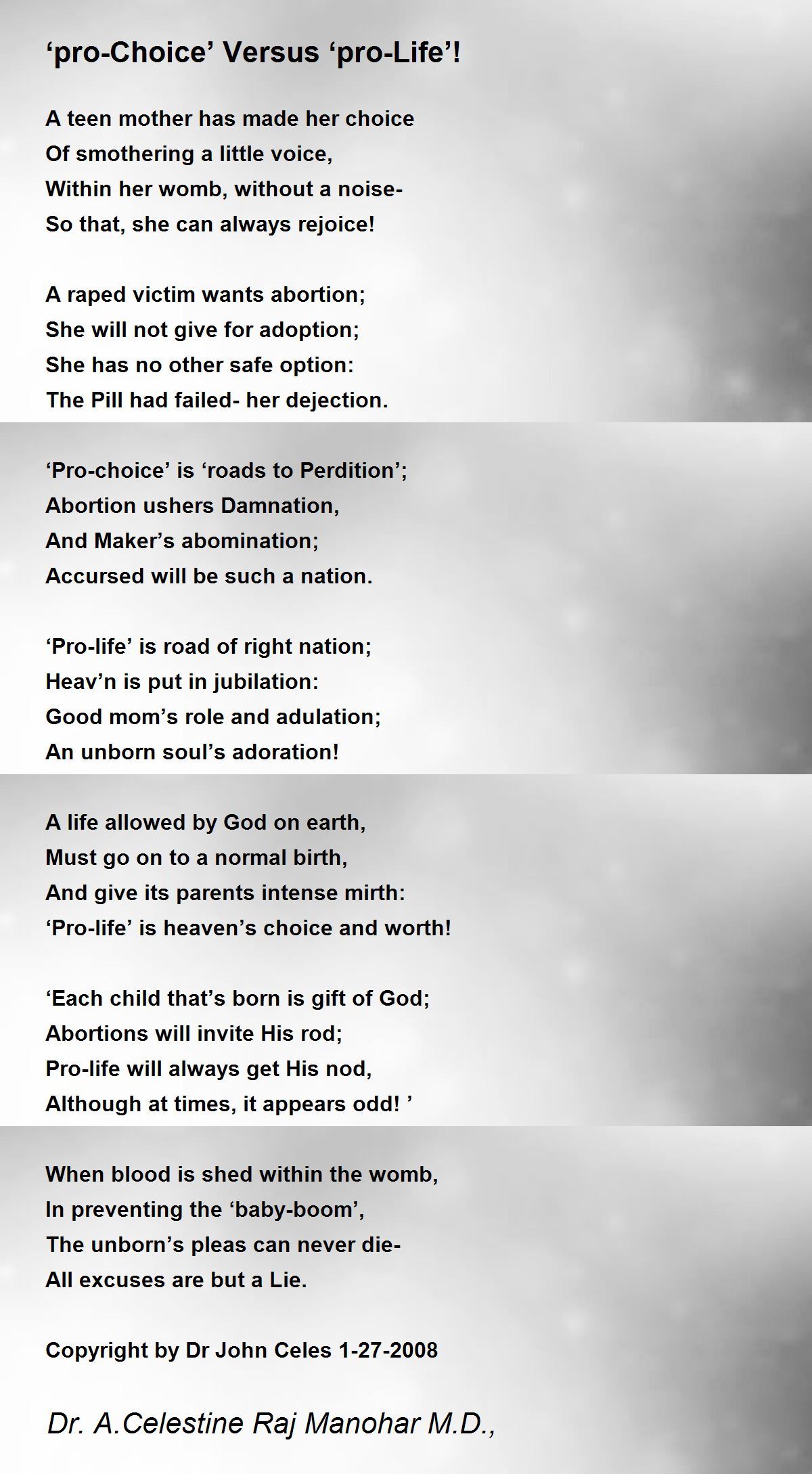 ‘pro-Choice’ Versus ‘pro-Life’! Poem by Dr. A.Celestine Raj Manohar M.D