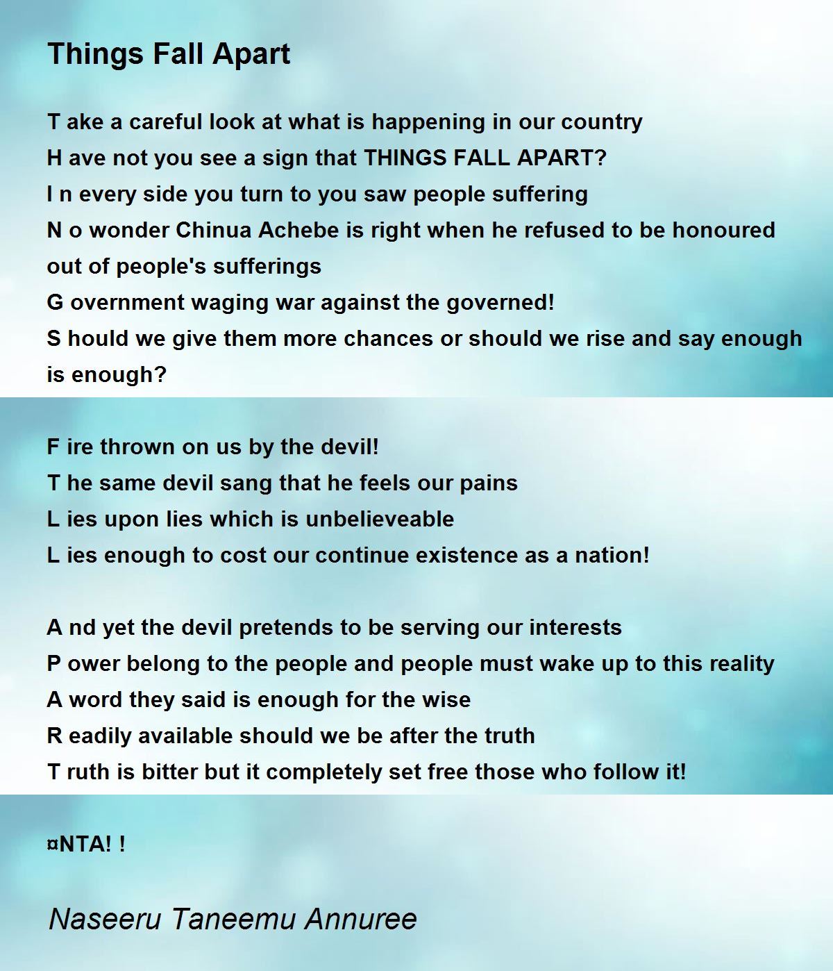 Things Fall Apart Poem by Naseeru Taneemu Annuree - Poem Hunter