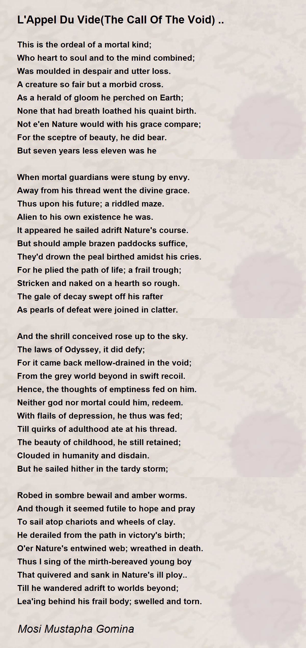 L Appel Du Vide The Call Of The Void By Mosi Mustapha Gomina L Appel Du Vide The Call Of The Void Poem