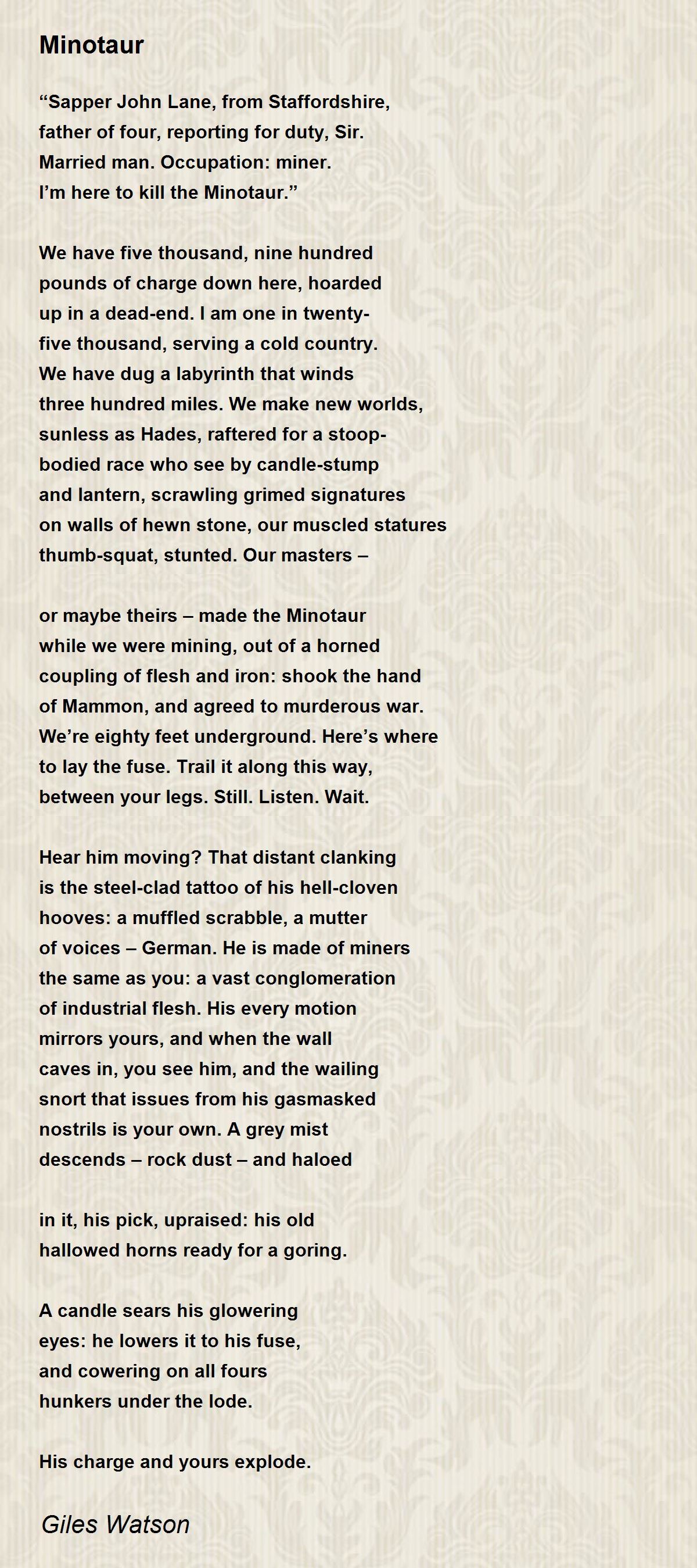 Minotaur Minotaur Poem by Giles Watson