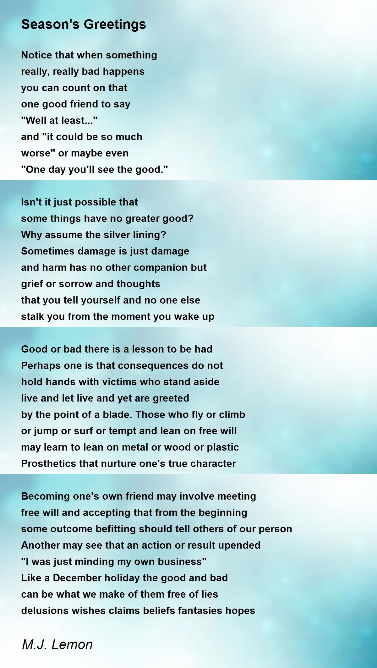 Season's Greetings Season's Greetings Poem by M.J. Lemon