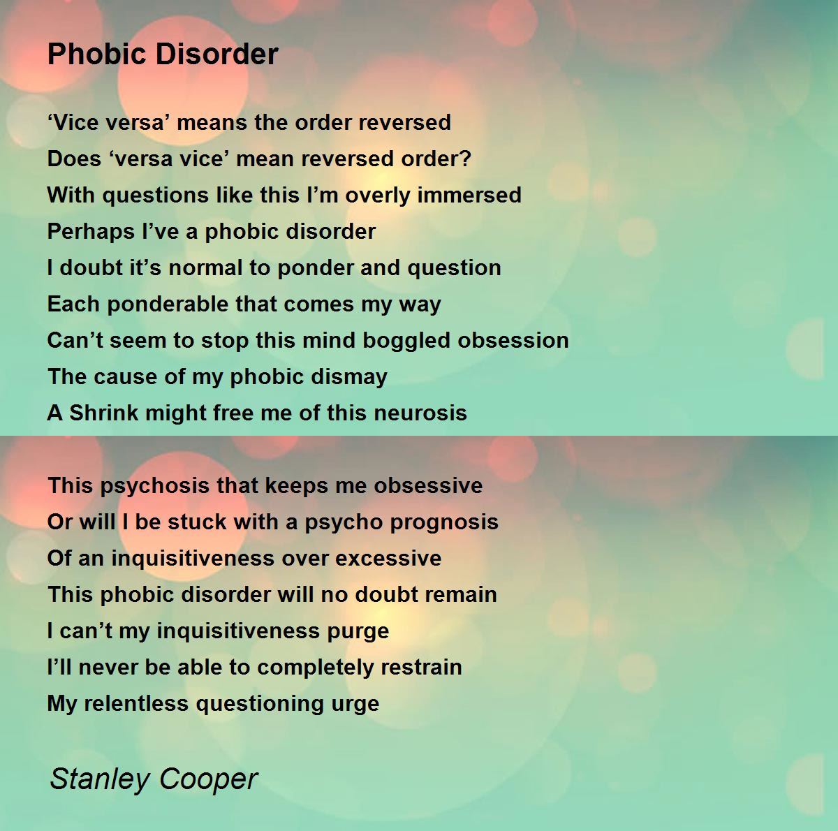 Phobic Disorder Poem by Stanley Cooper Poem Hunter