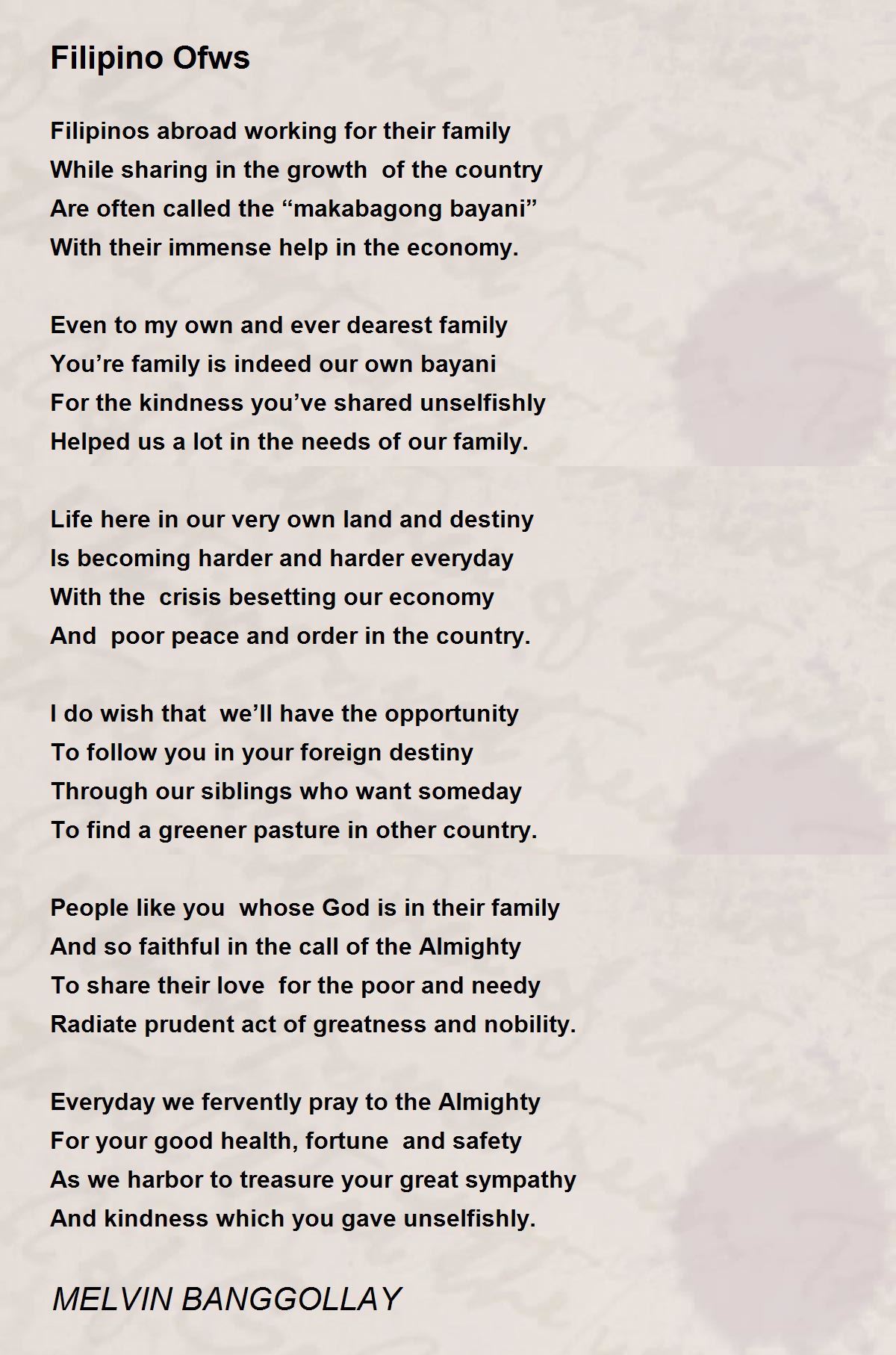 Filipino Ofws Filipino Ofws Poem by MELVIN BANGGOLLAY