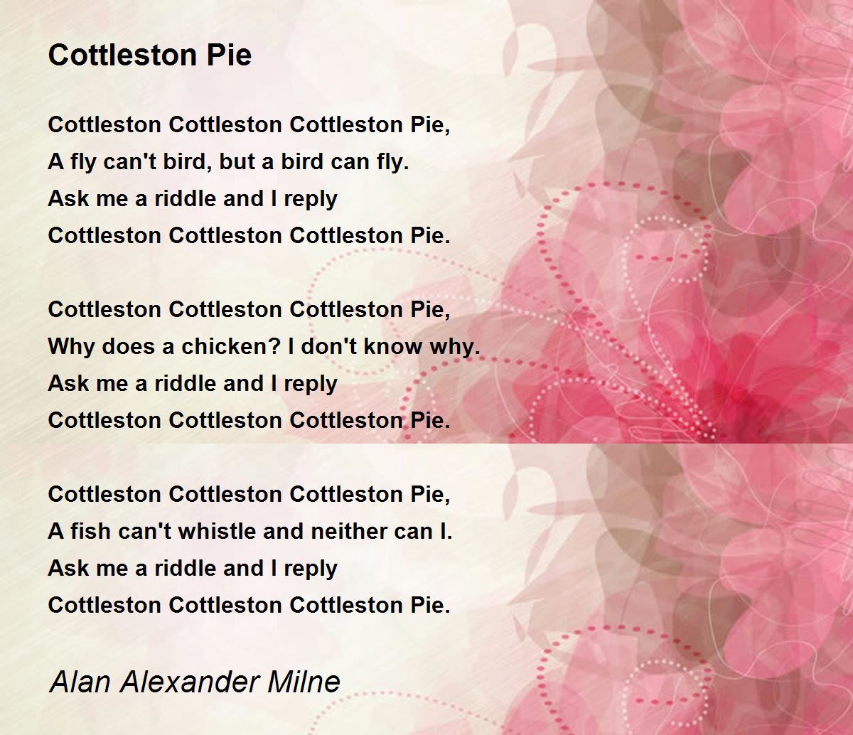 Cottleston Pie Poem by Alan Alexander Milne Poem Hunter