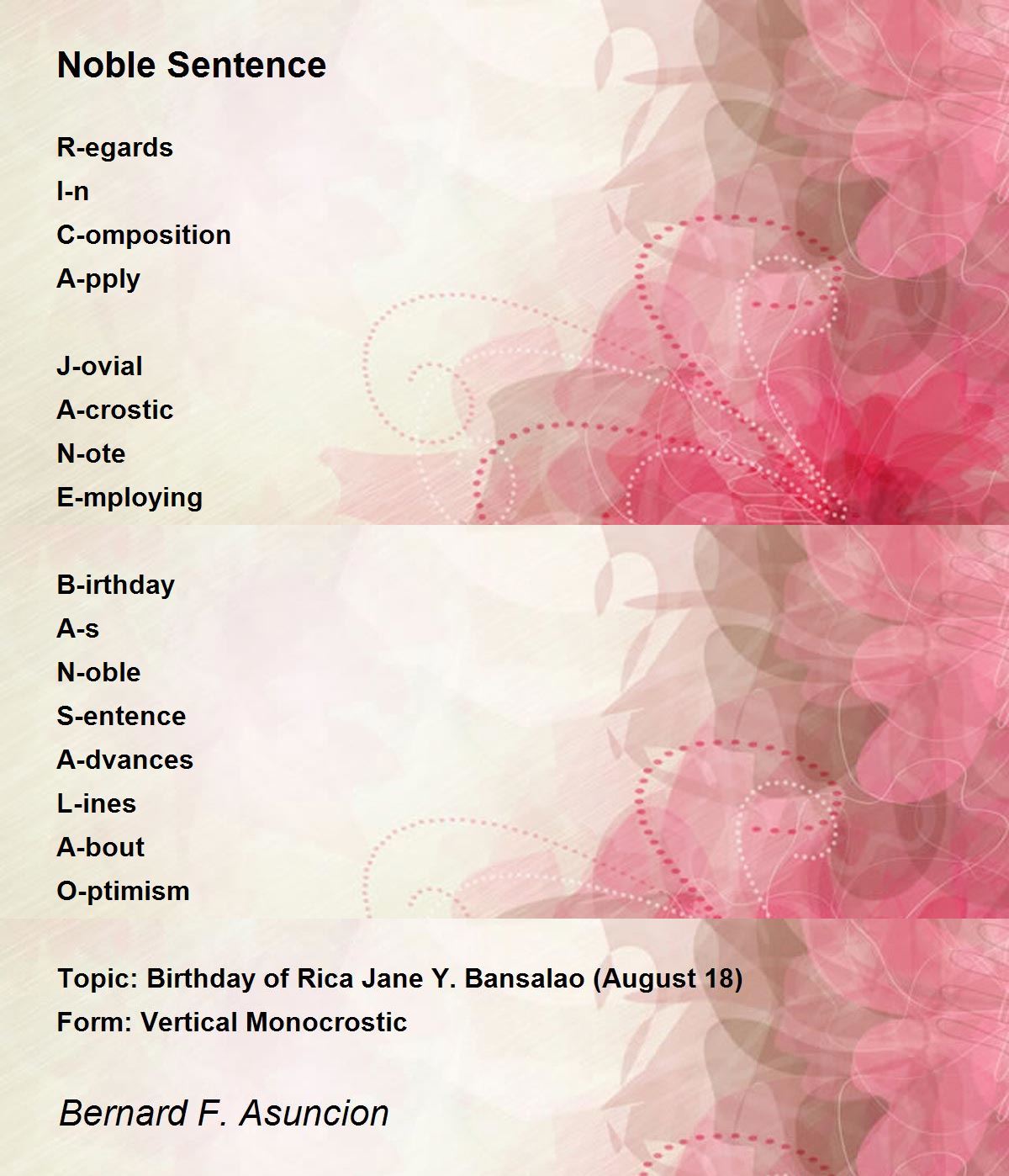 Noble Sentence by Bernard F. Asuncion Noble Sentence Poem