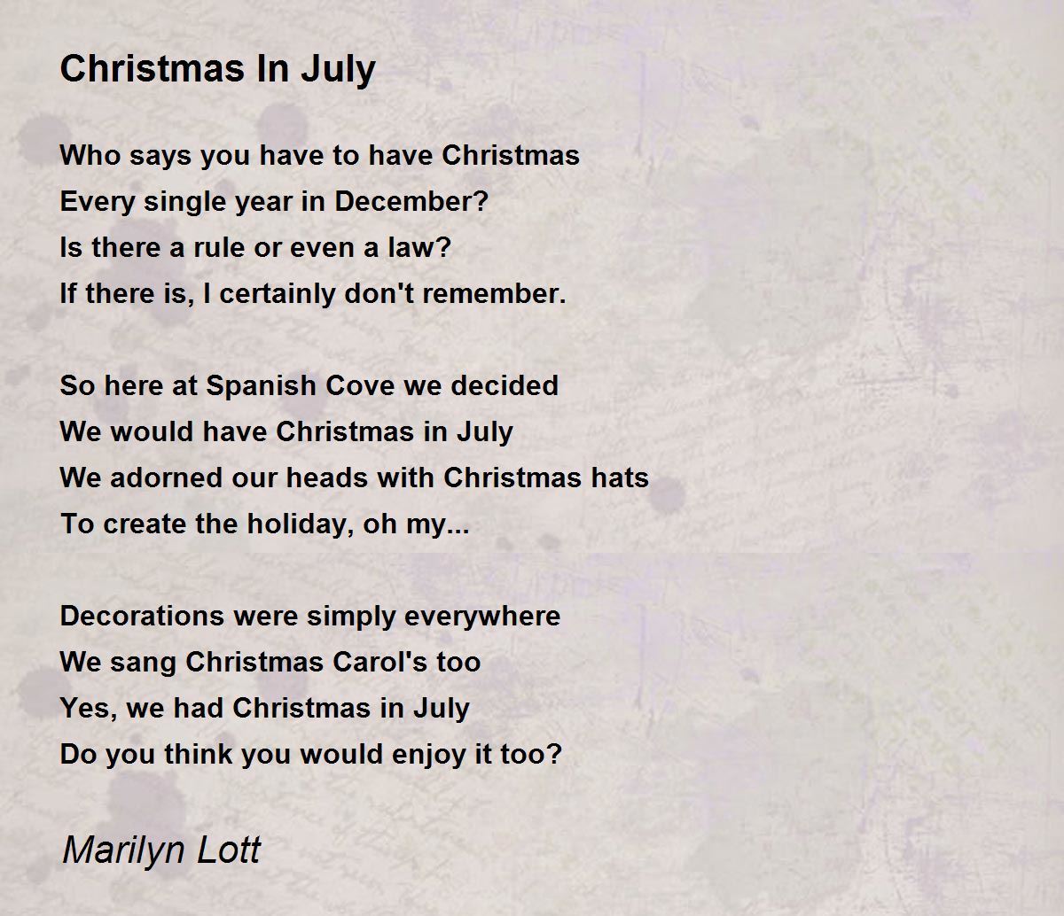 Christmas In July Christmas In July Poem by Marilyn Lott