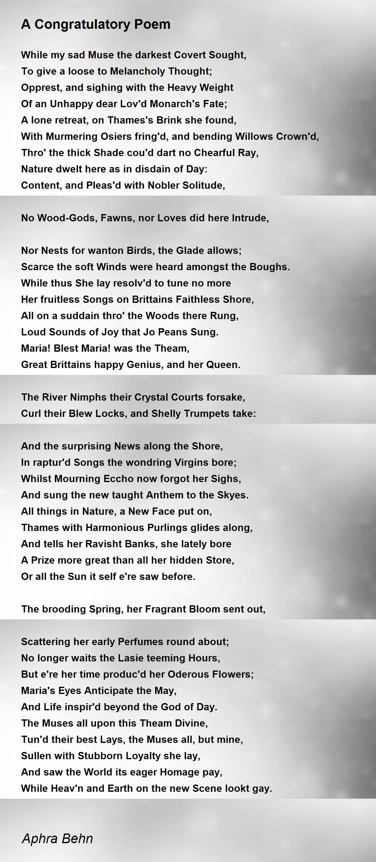 A Congratulatory Poem Poem by Aphra Behn - Poem Hunter