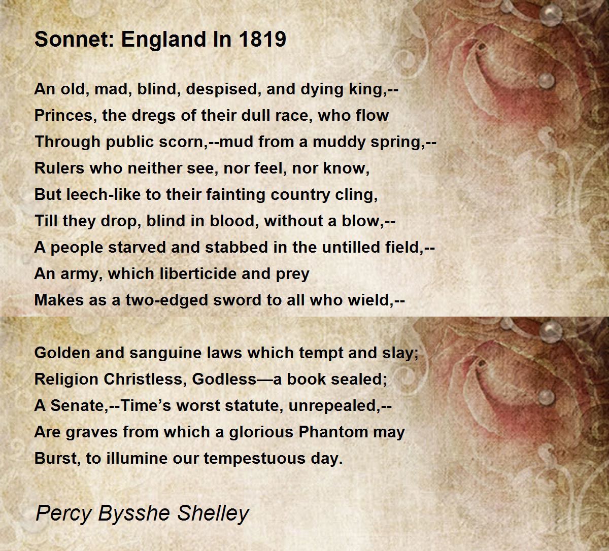 Sonnet: England In 1819 Poem by Percy Bysshe Shelley - Poem Hunter