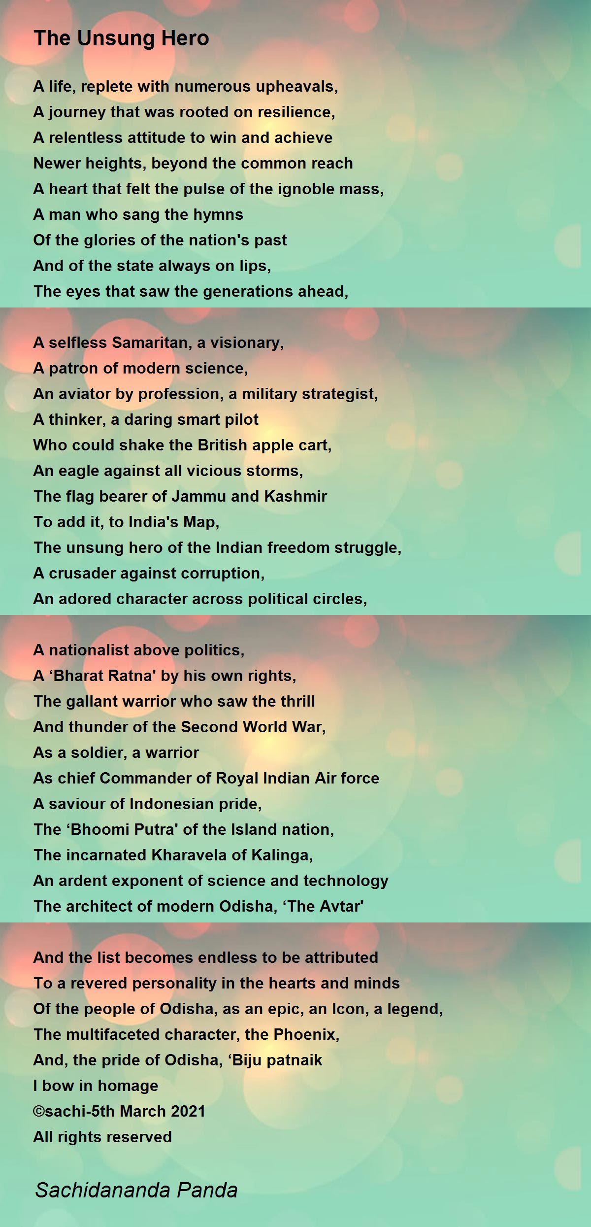 The Unsung Hero by Sachidananda Panda - The Unsung Hero Poem