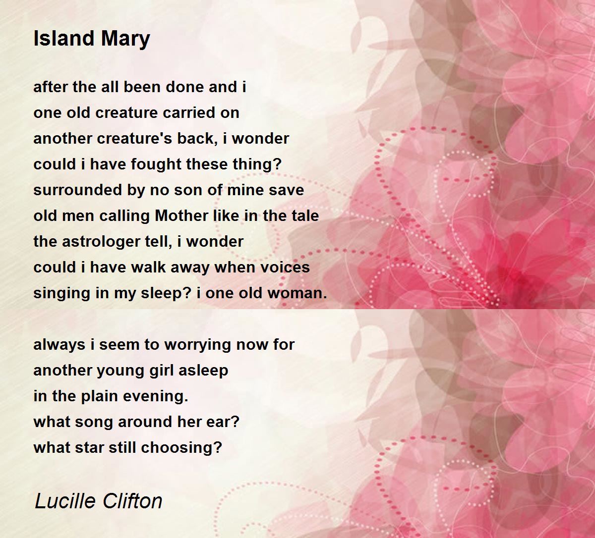 Island Mary Poem by Lucille Clifton - Poem Hunter Comments