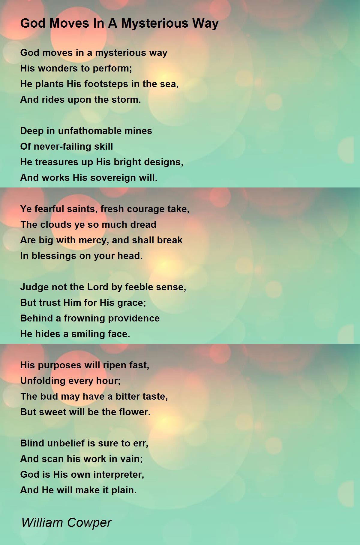 God Moves In A Mysterious Way Poem by William Cowper 