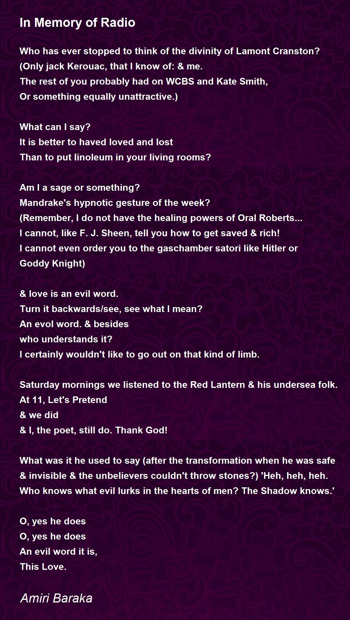 In Memory of Radio In Memory of Radio Poem by Amiri Baraka