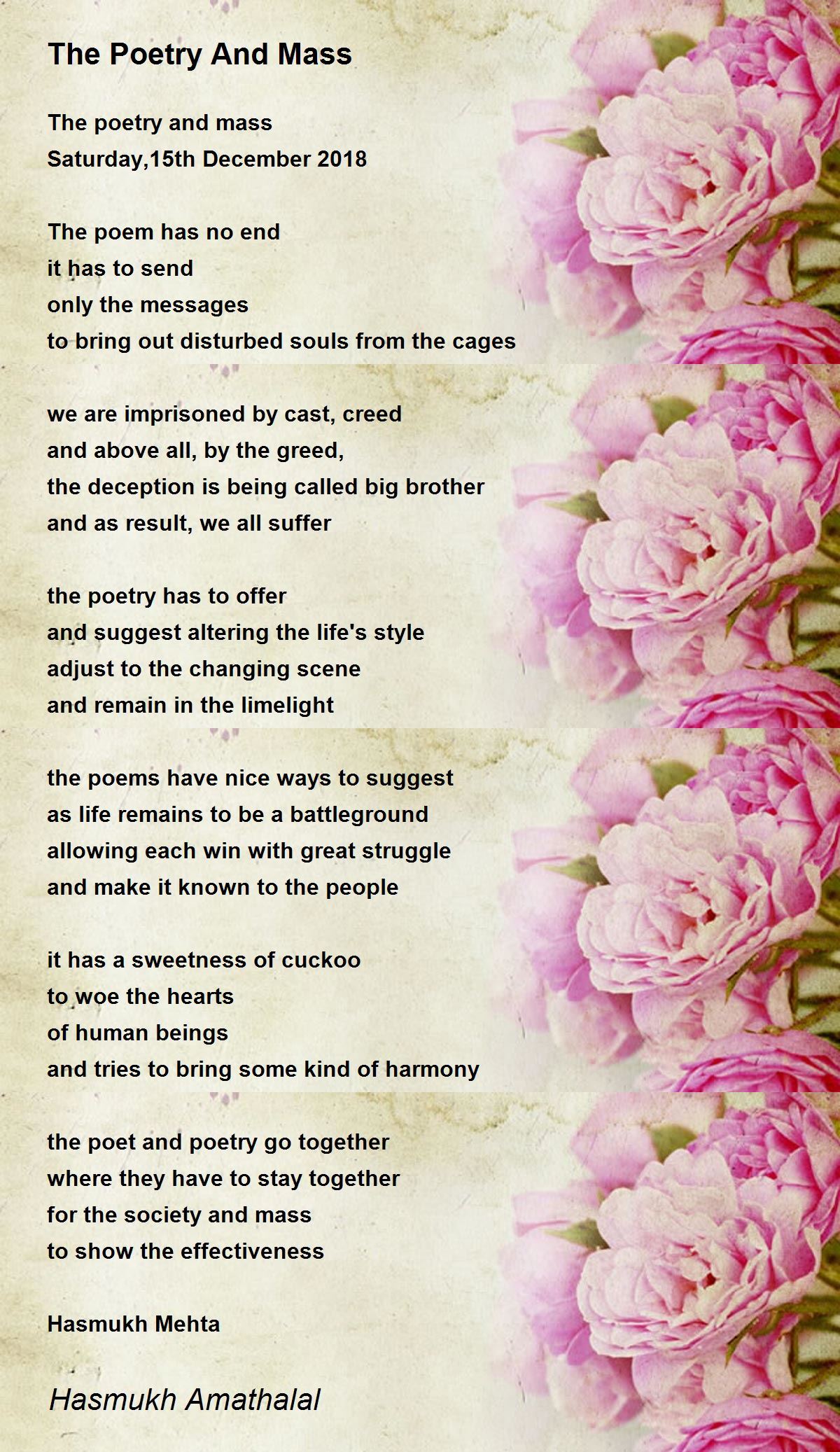 The Poetry And Mass The Poetry And Mass Poem by Mehta Hasmukh Amathalal