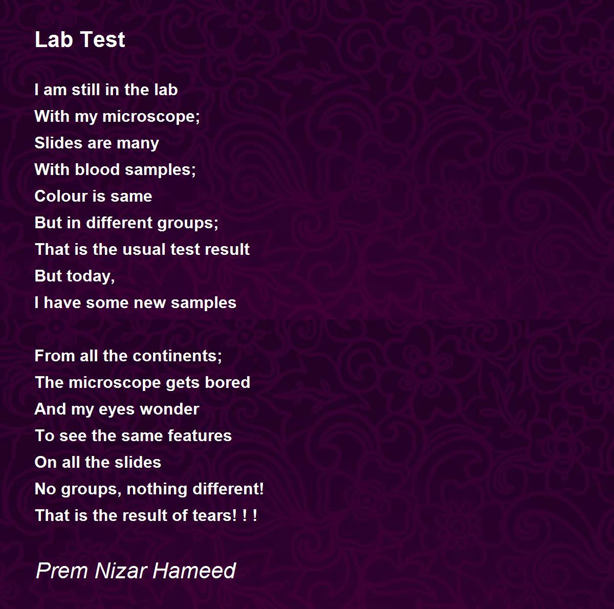 Lab Test by Prem Nizar Hameed Lab Test Poem