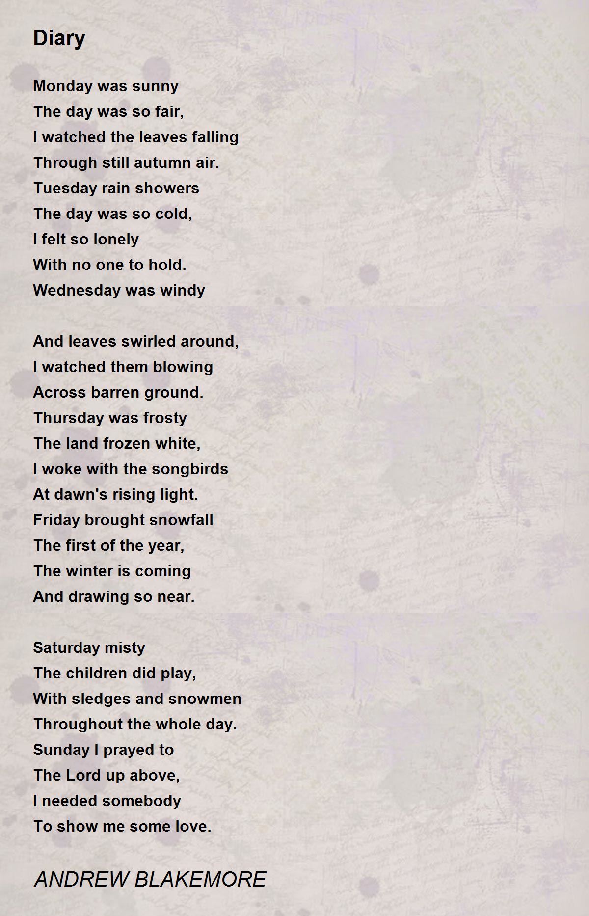 Diary Diary Poem by ANDREW BLAKEMORE