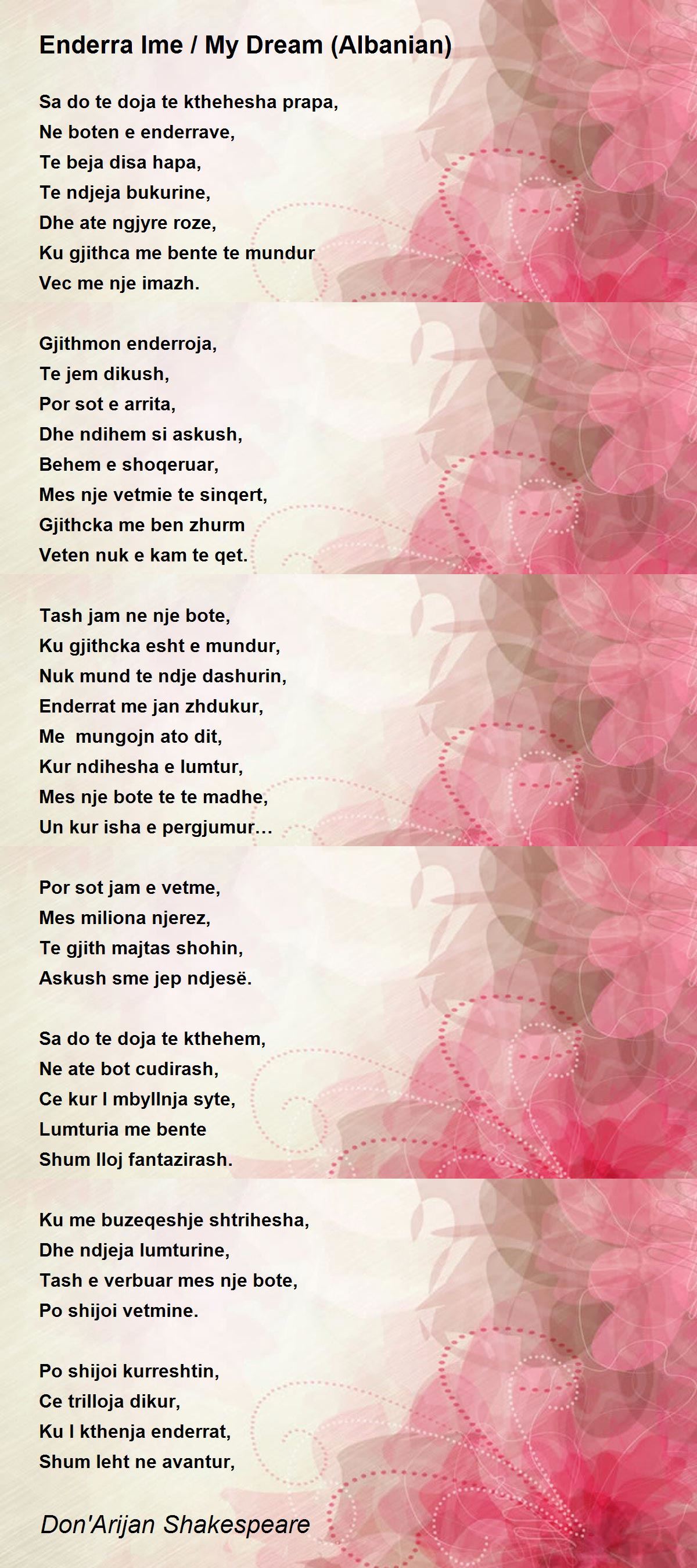 Enderra Ime My Dream Albanian Poem By Don Arijan Shakespeare Poem Hunter