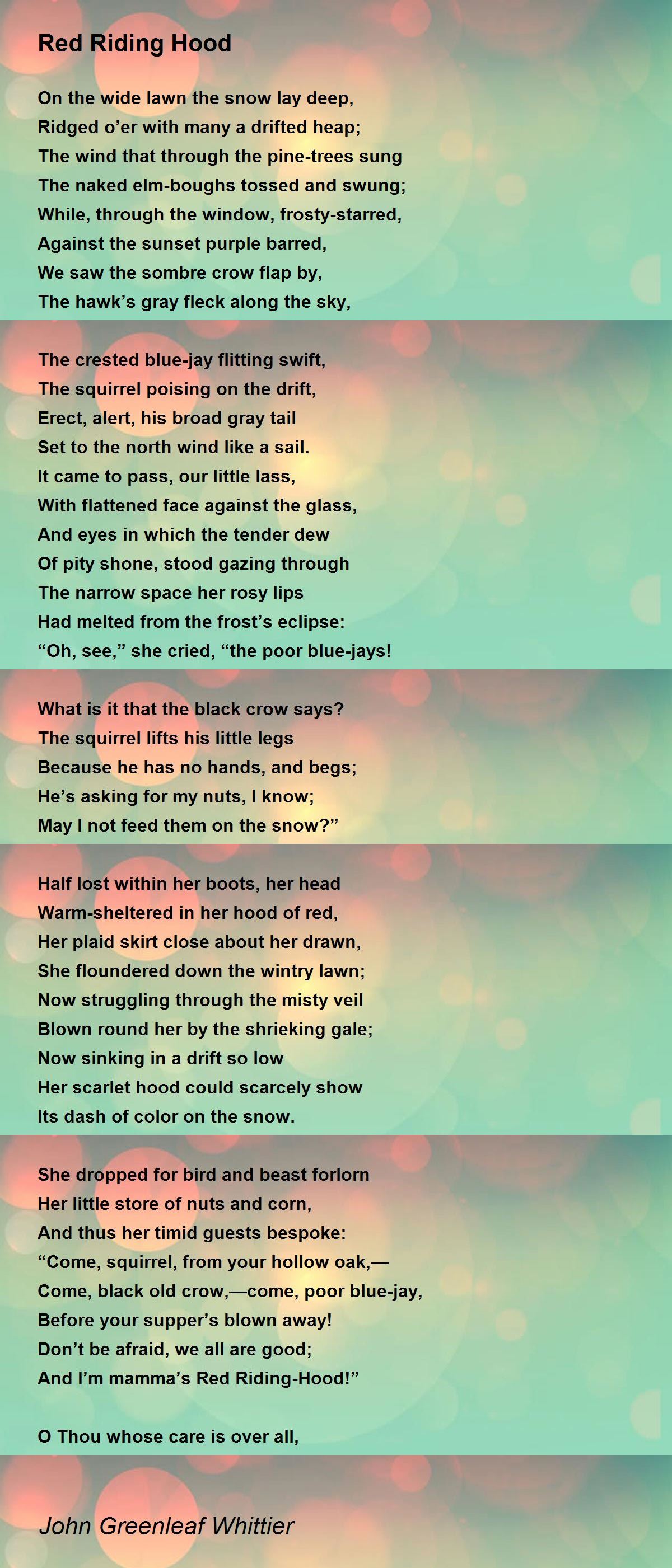 Red Riding Hood Poem by John Greenleaf Whittier - Poem Hunter