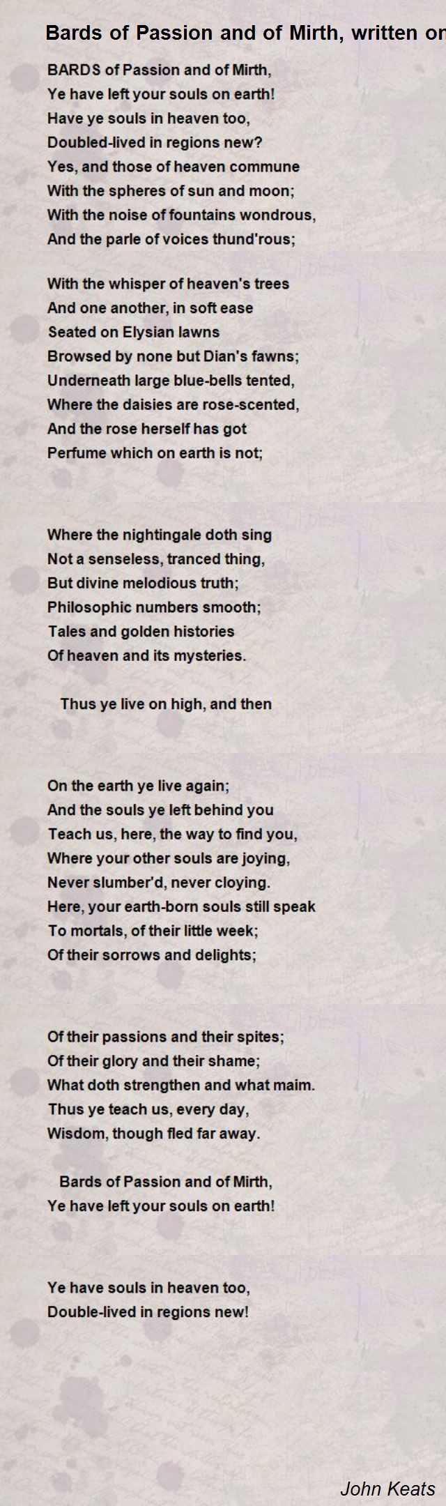 Bards Of Passion And Of Mirth, Poem by John Keats - Poem Hunter