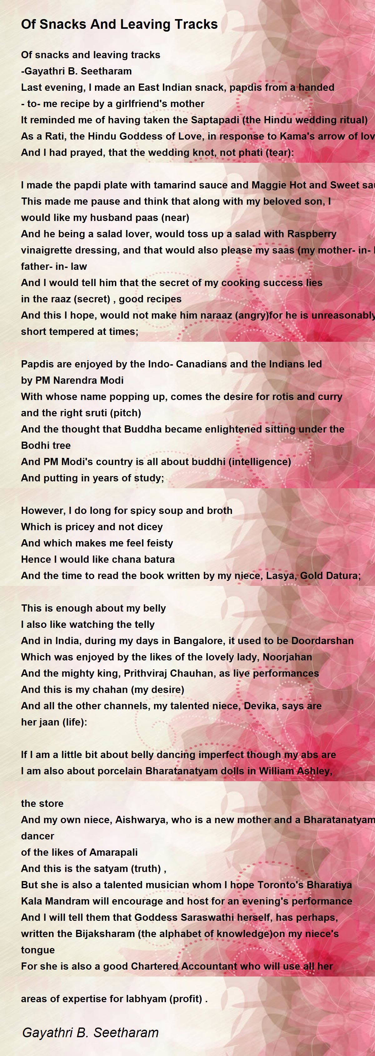 Of Snacks And Leaving Tracks Poem by Gayathri Seetharam - Poem Hunter