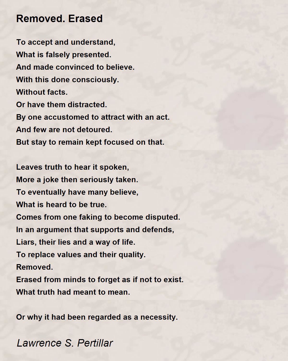 Removed. Erased  Removed. Erased Poem by Lawrence S. Pertillar