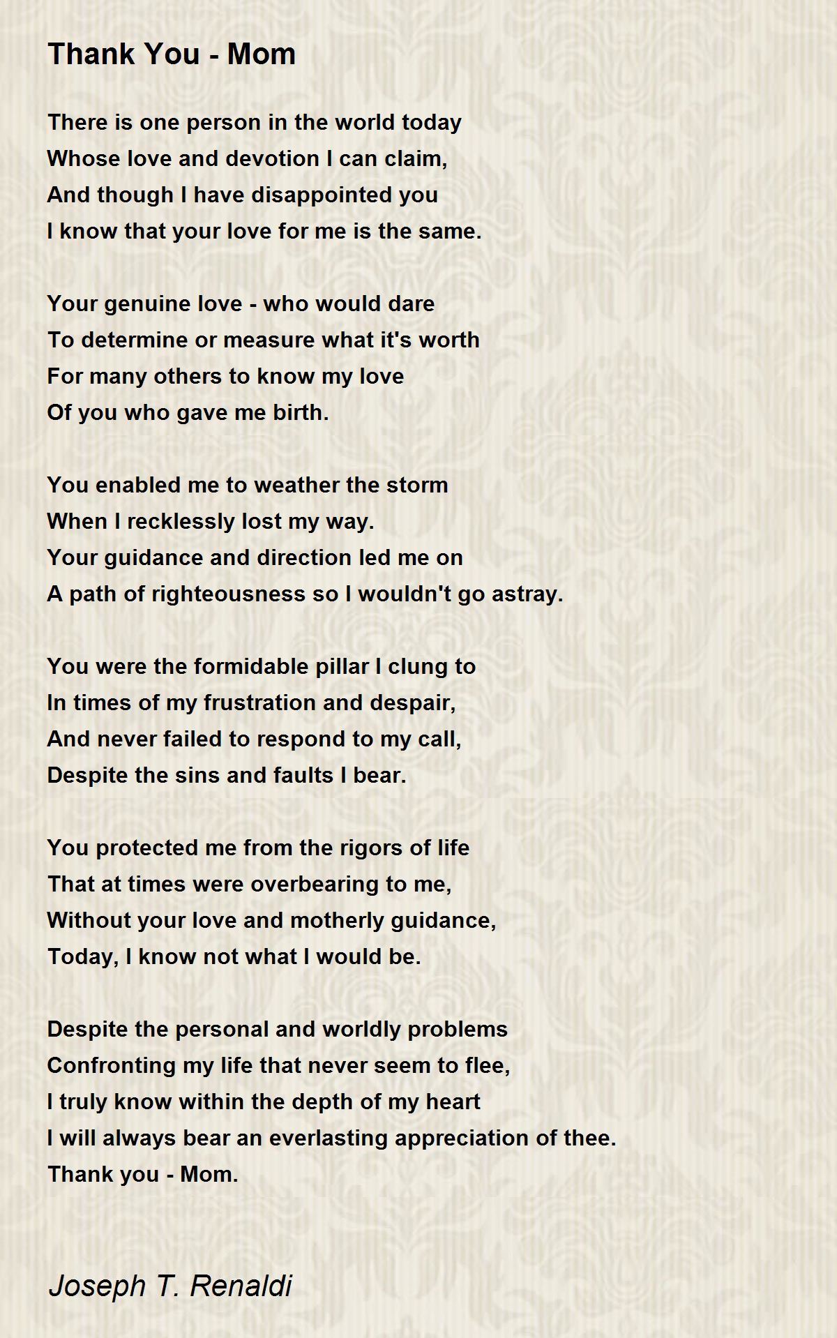 Thank You Mom Poem By Joseph T Renaldi Poem Hunter